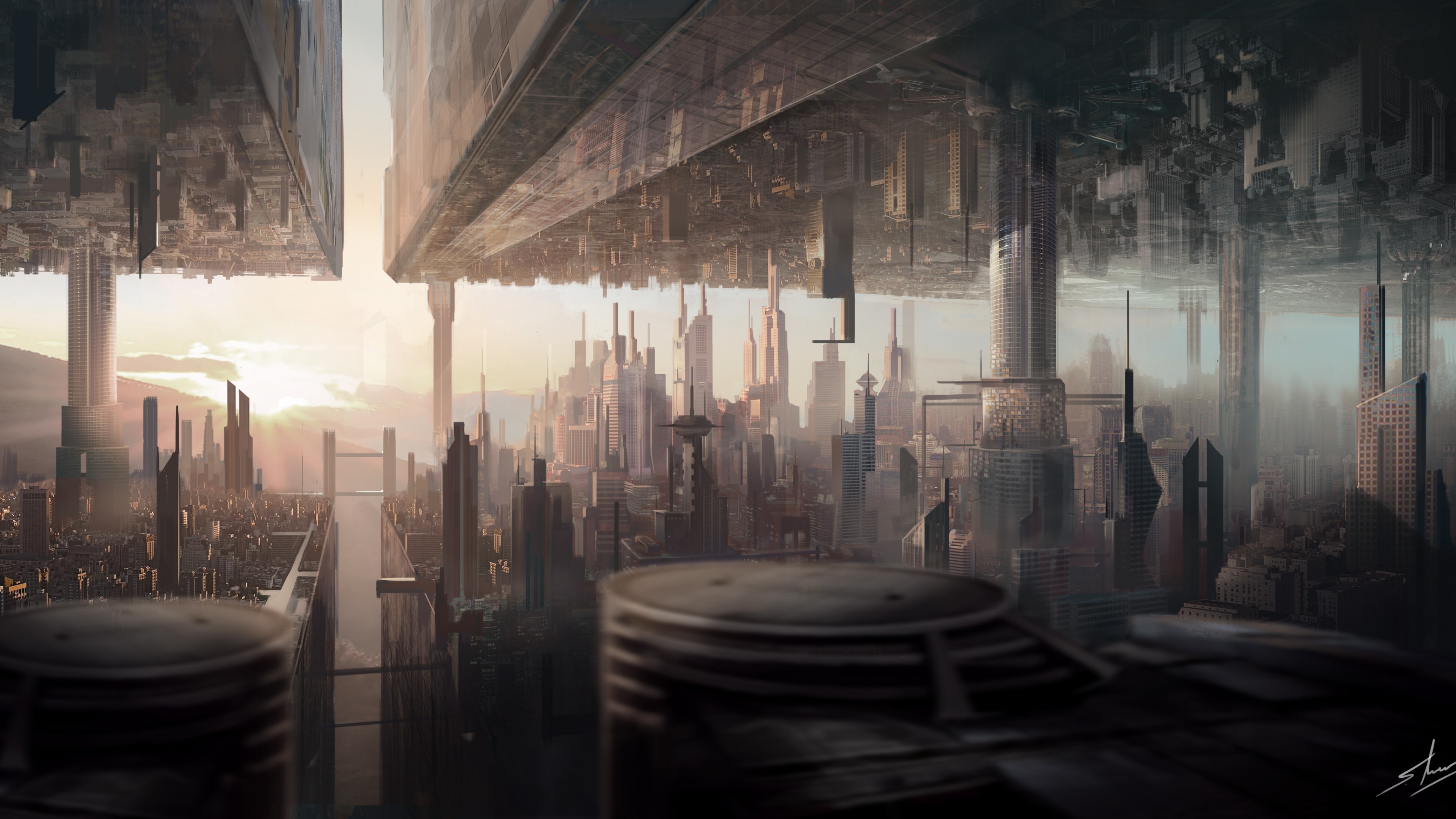 futuristic, sunset, city, science fiction, HD Wallpaper