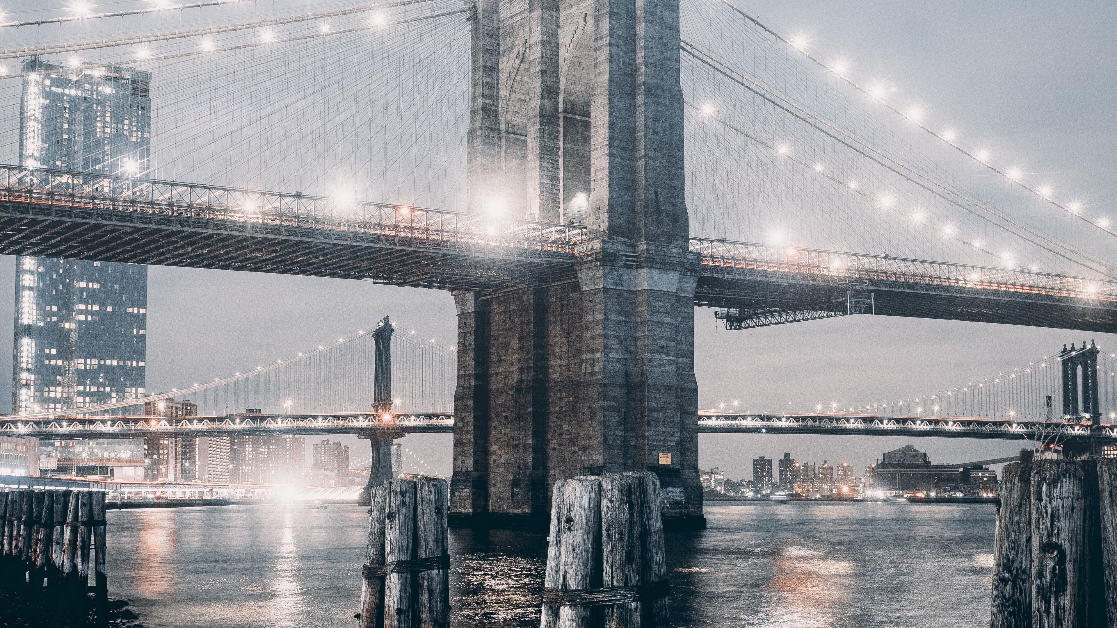 bridge, fog, night city, city lights, backlight, 4k, HD Wallpaper