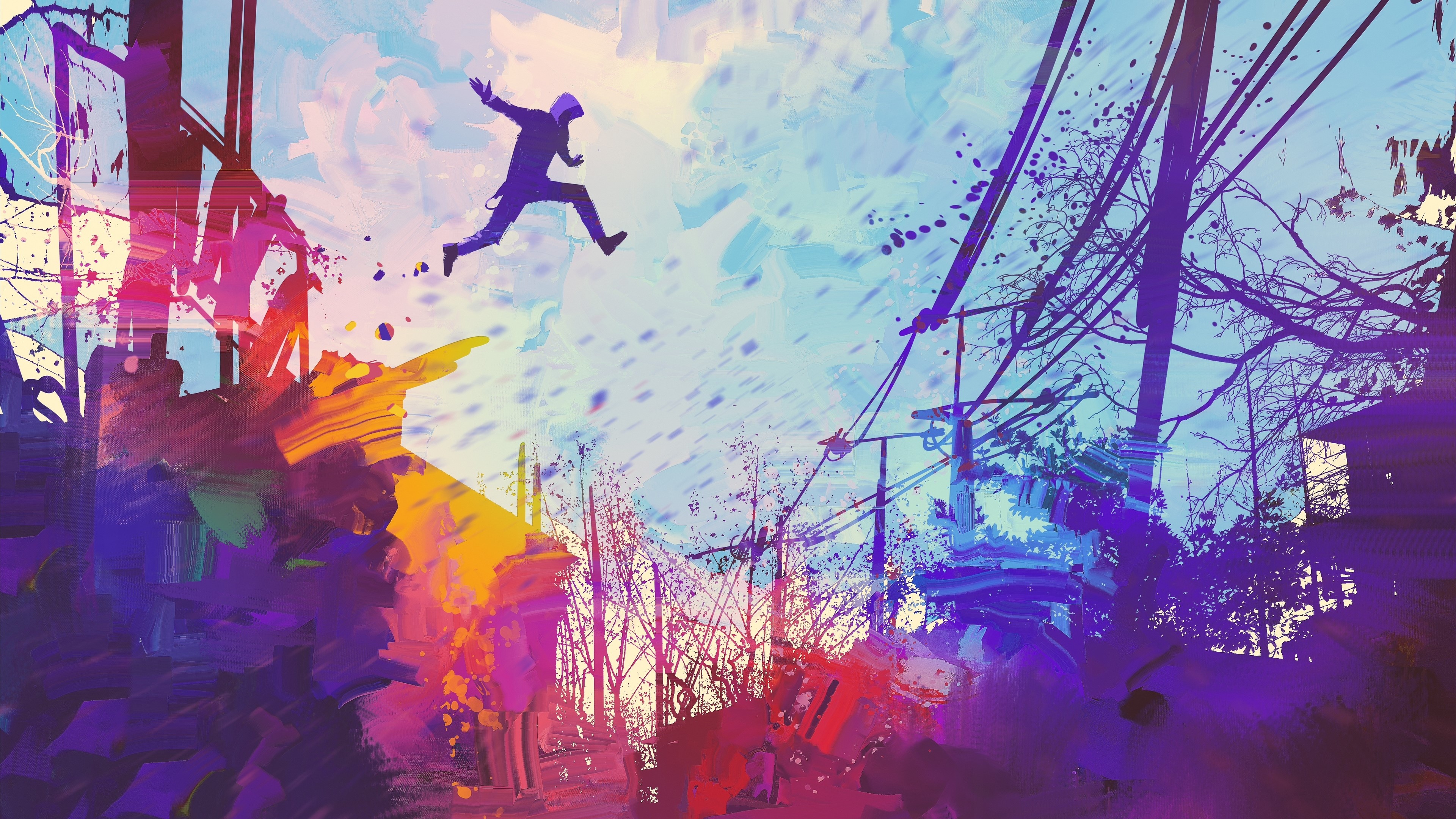 abstract, jumping, illustration, colorful, purple, HD Wallpaper