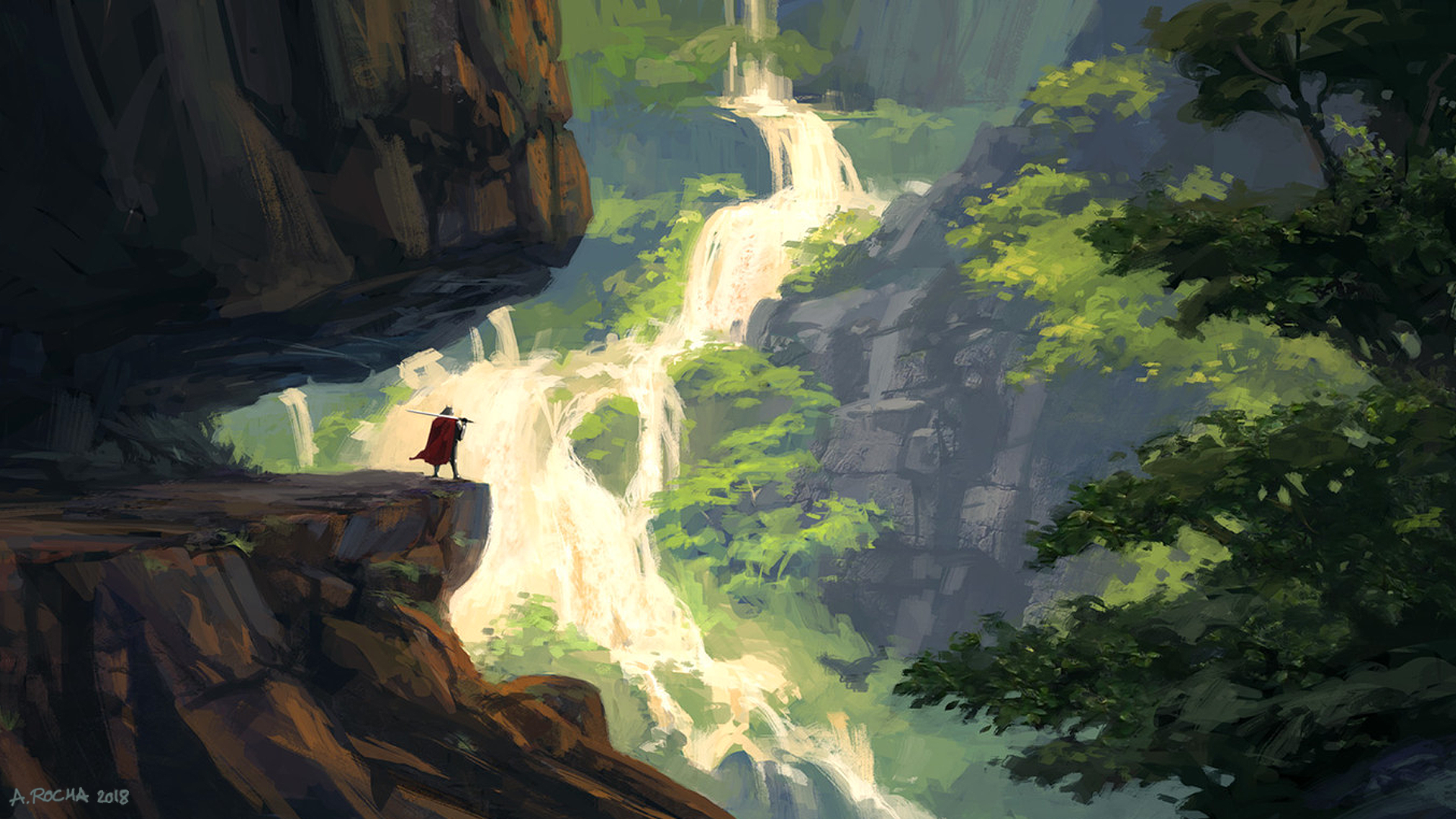 Andreas Rocha, artwork, digital art, alone, standing, sword, landscape, fantasy art, cliff, mountains, trees, forest, waterfall, HD Wallpaper