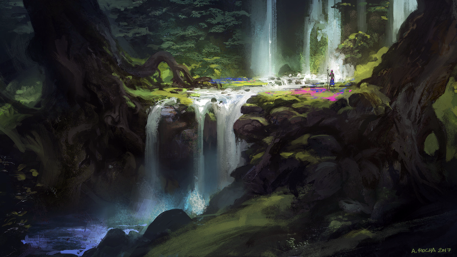 Andreas Rocha, artwork, digital art, forest, trees, alone, people, waterfall, fantasy art, landscape, staff, HD Wallpaper