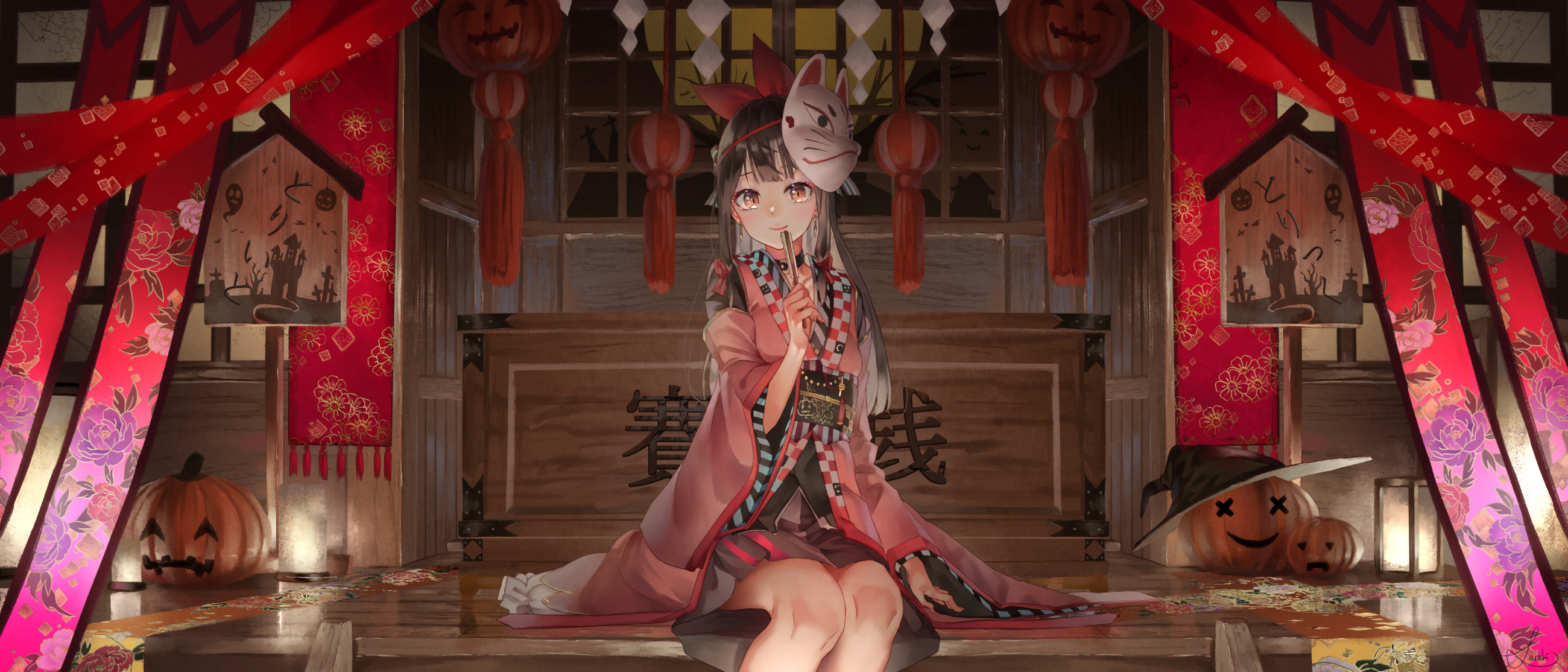 anime, anime girls, Halloween, mask, kimono, Japanese kimono, HD Wallpaper