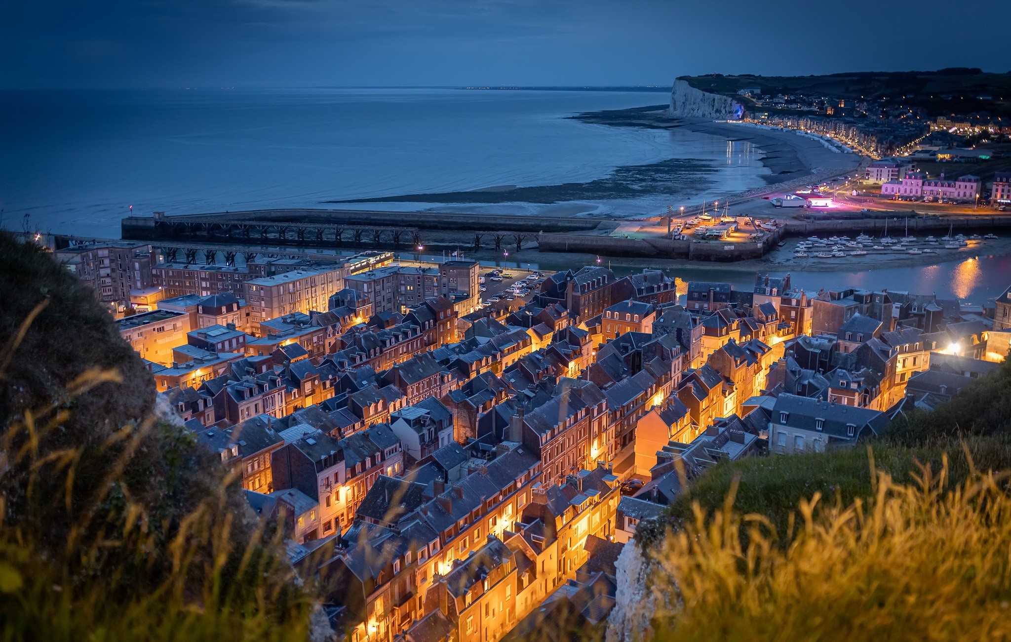 France, Normandie, town, night, lights, HD Wallpaper