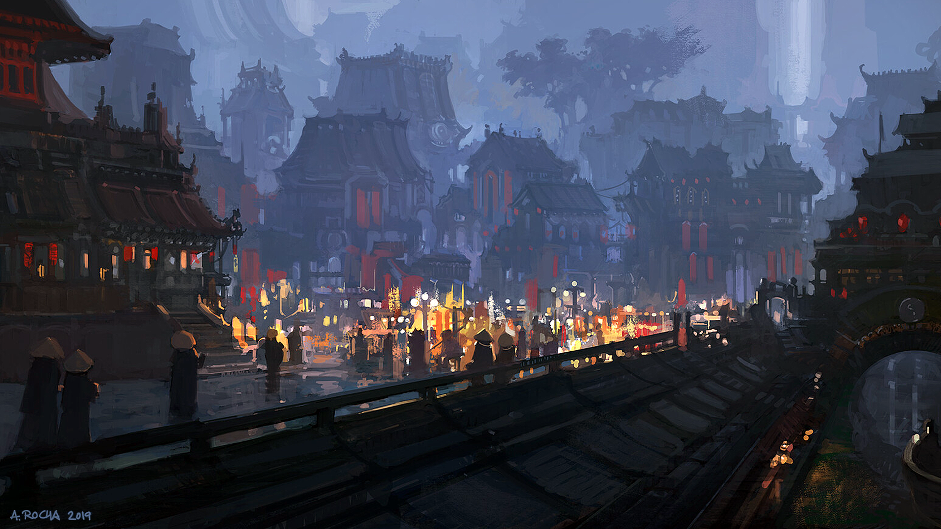 Andreas Rocha, artwork, digital art, cityscape, Asian, city, lantern, village, HD Wallpaper