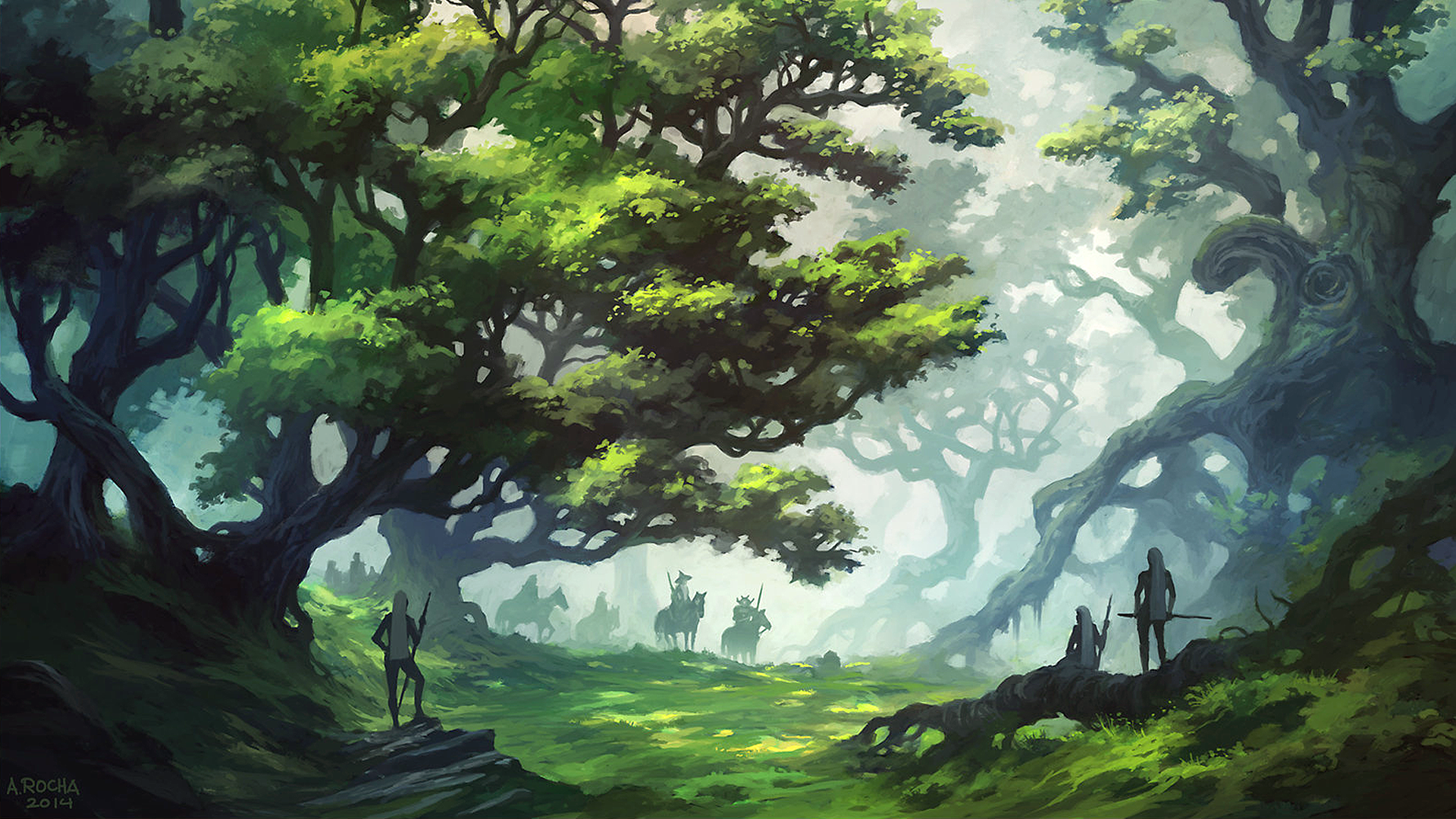 Andreas Rocha, artwork, digital art, trees, forest, horse riding, staff, standing, fantasy art, grass, green, HD Wallpaper