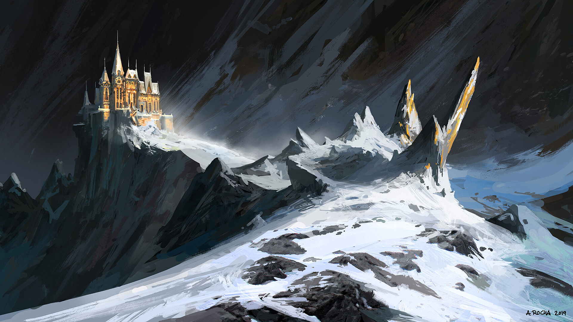 Andreas Rocha, artwork, digital art, castle, mountains, snow, stone, night, landscape, HD Wallpaper