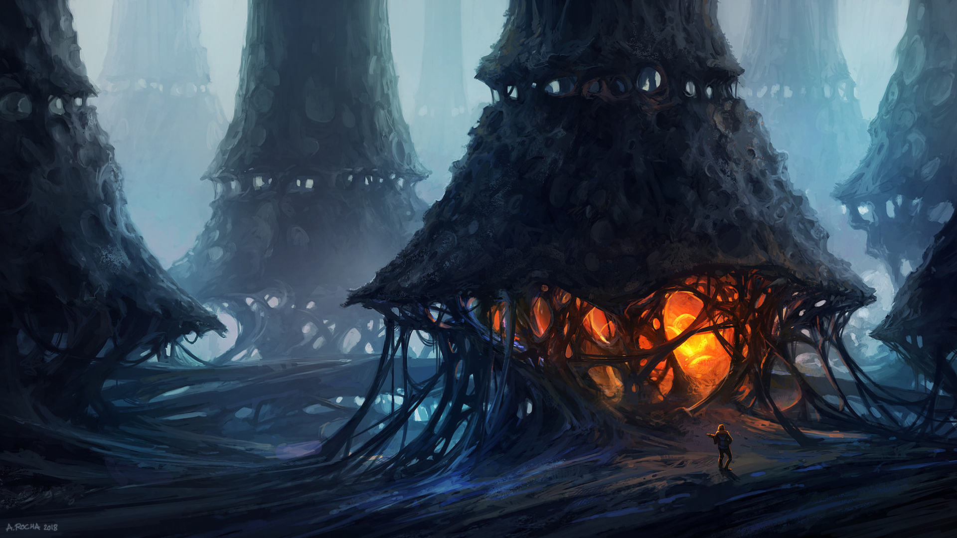 Andreas Rocha, artwork, digital art, fantasy art, alone, standing, gun, fantasy architecture, forest, HD Wallpaper