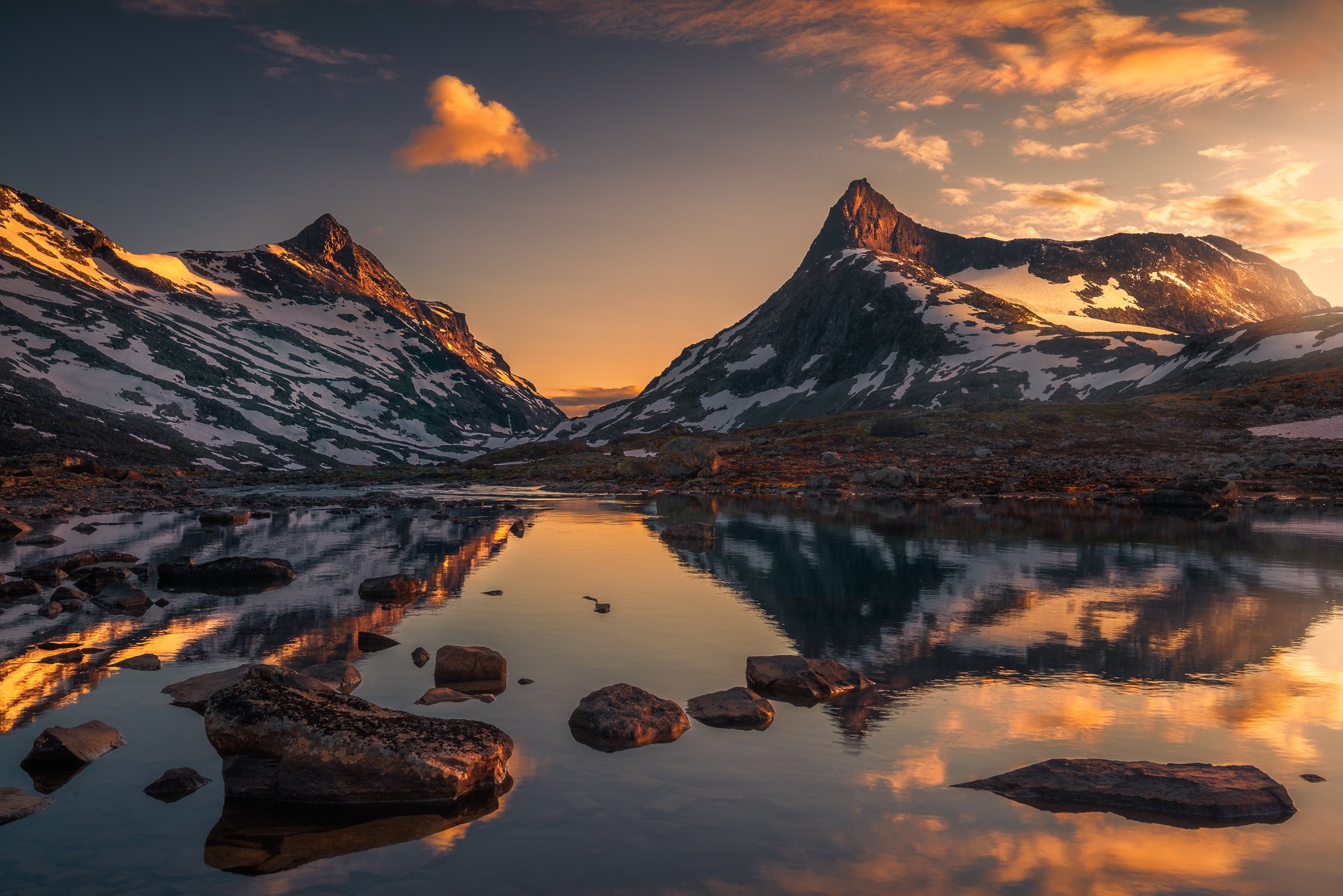 nature, mountains, snow, reflection, water, Norway, HD Wallpaper