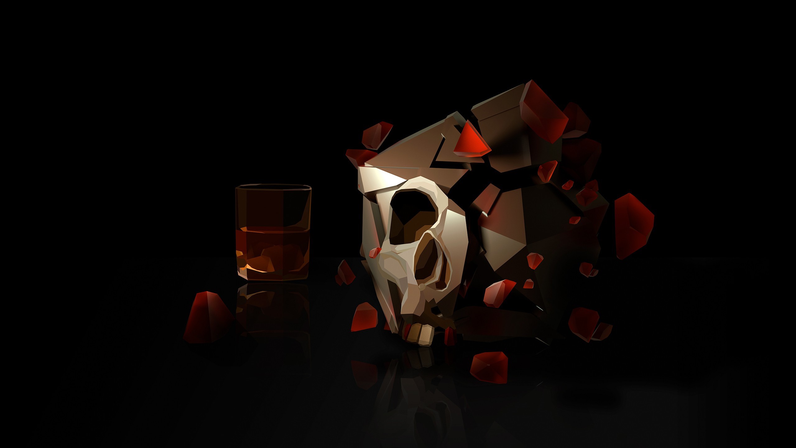 skull, glass, 3D, abstract, whiskey, Justin Maller, HD Wallpaper
