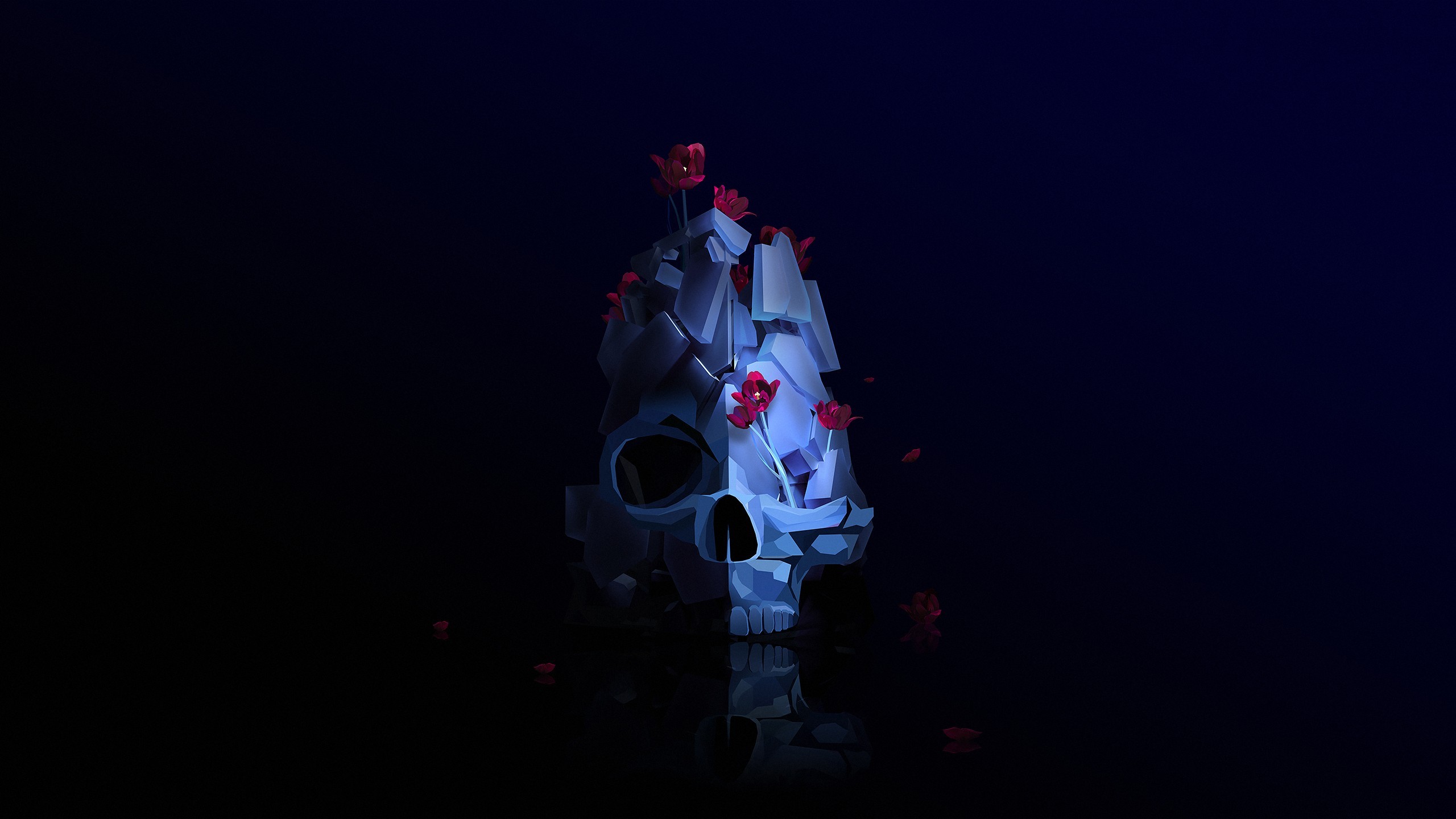 skull, flowers, 3D, Justin Maller, HD Wallpaper