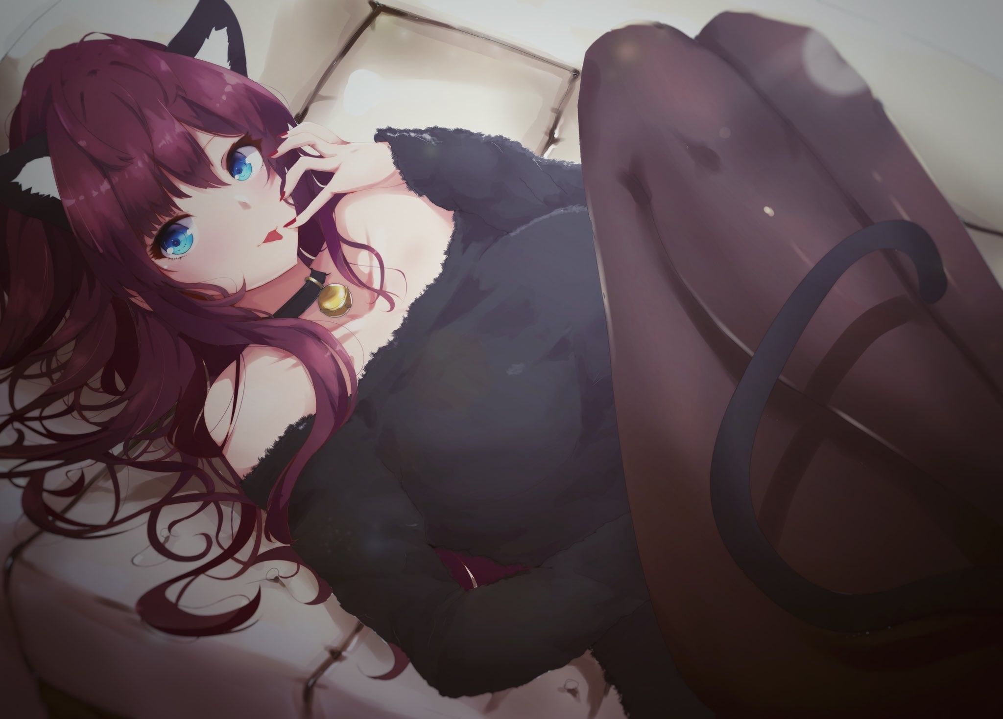 THE, anime girls, cat ears, blue eyes, long hair, redhead, necklace, tail, lying on back, pantyhose, bare shoulders, HD Wallpaper