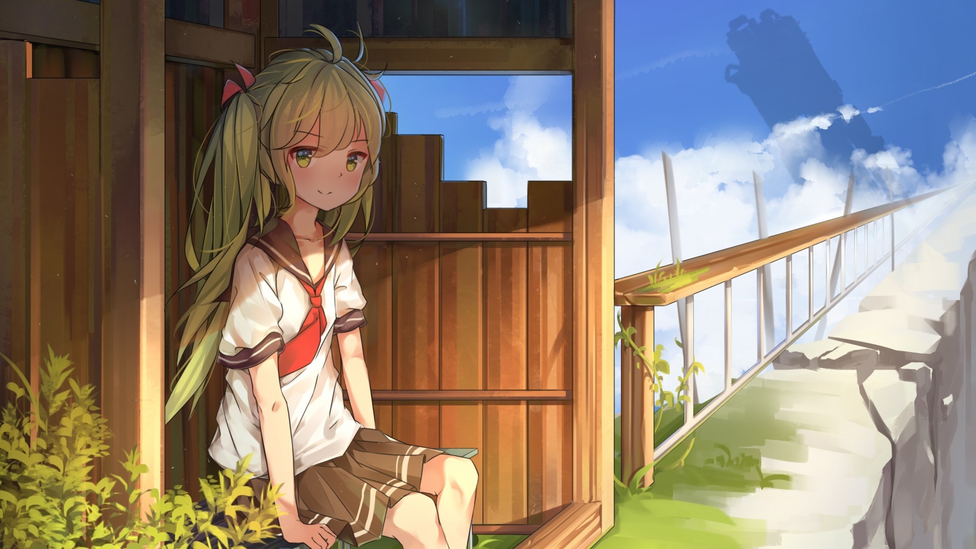 anime, anime girls, women, clouds, school uniform, schoolgirl, grass, HD Wallpaper