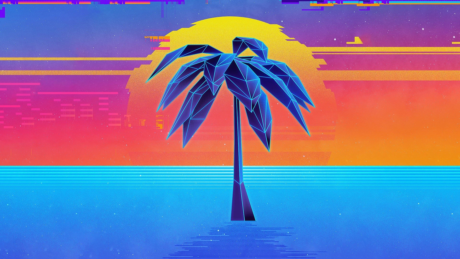 Retrowave, digital art, synthwave, palm trees, sky, artwork, HD Wallpaper