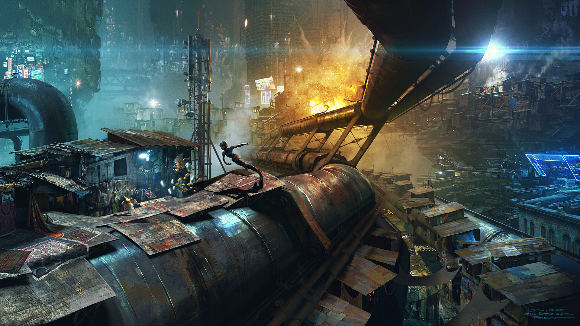 Jonathan Berube, artwork, digital art, science fiction, cityscape, futuristic, explosion, running, dystopic, Battle Angel Alita, HD Wallpaper