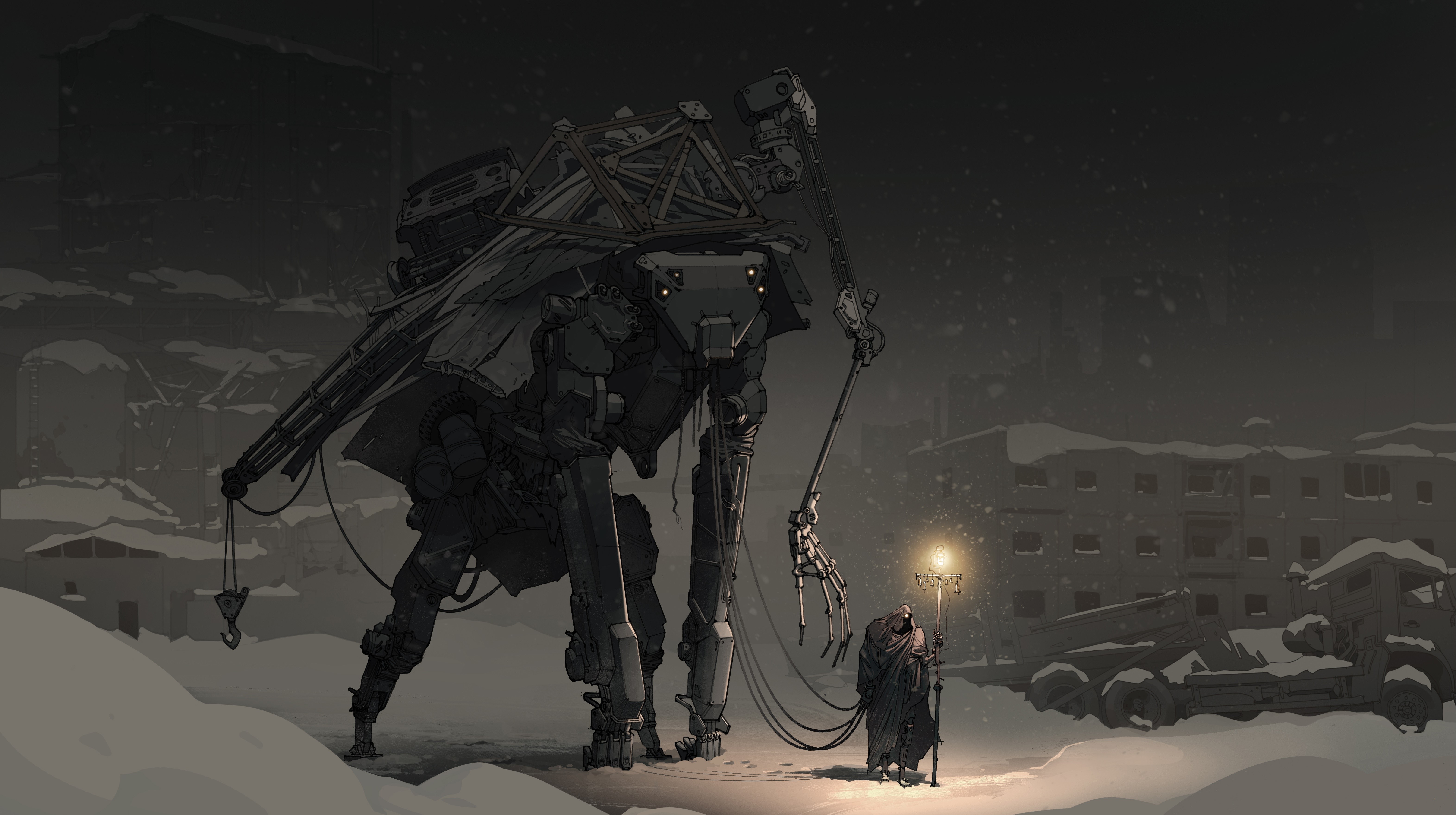 robot, creepy, night, Russia, city, house, mist, faded, dark, snow, winter, traveller, HD Wallpaper