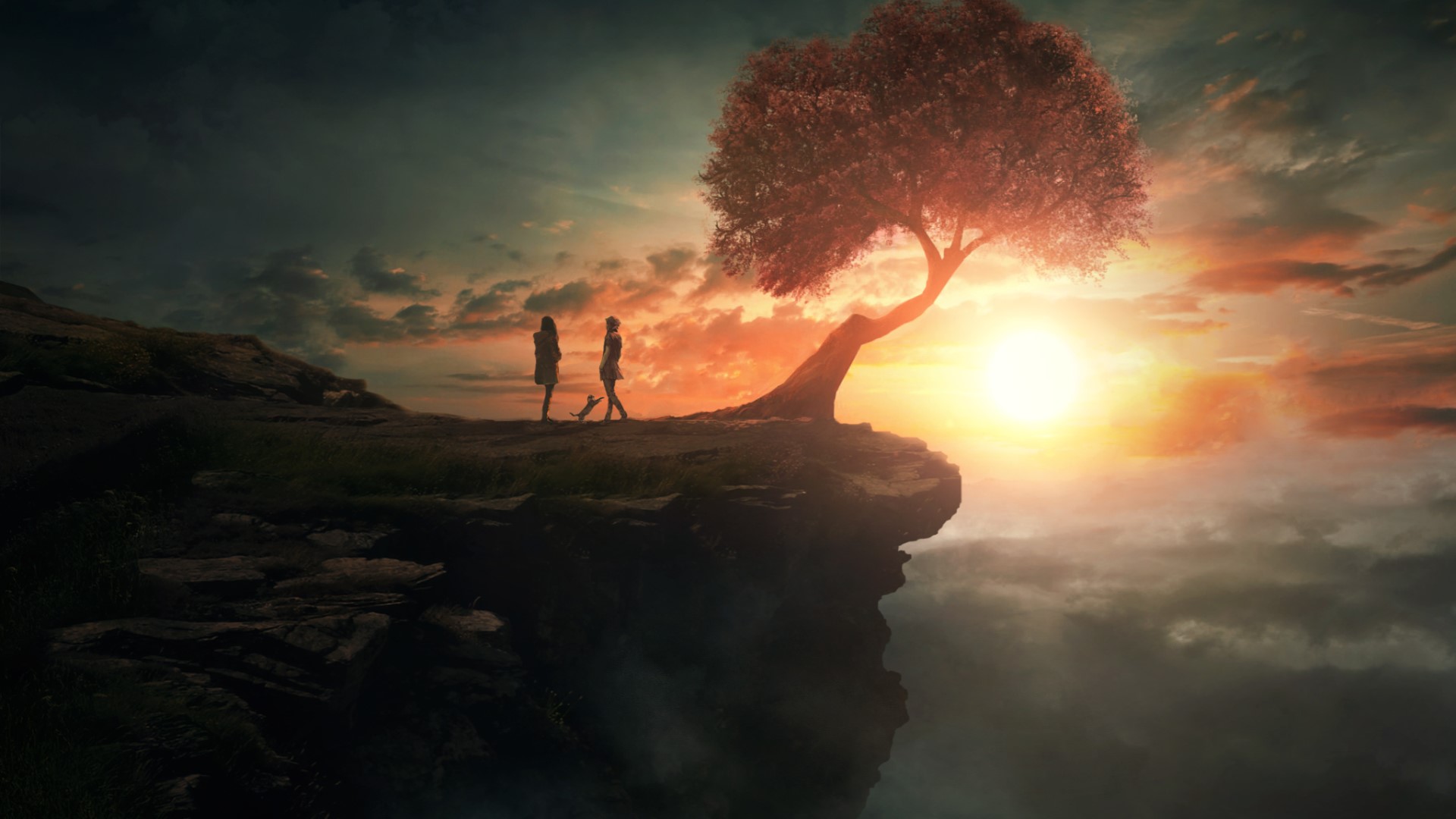 digital art, fantasy art, trees, Sun, couple, clouds, cliff, rock, HD Wallpaper