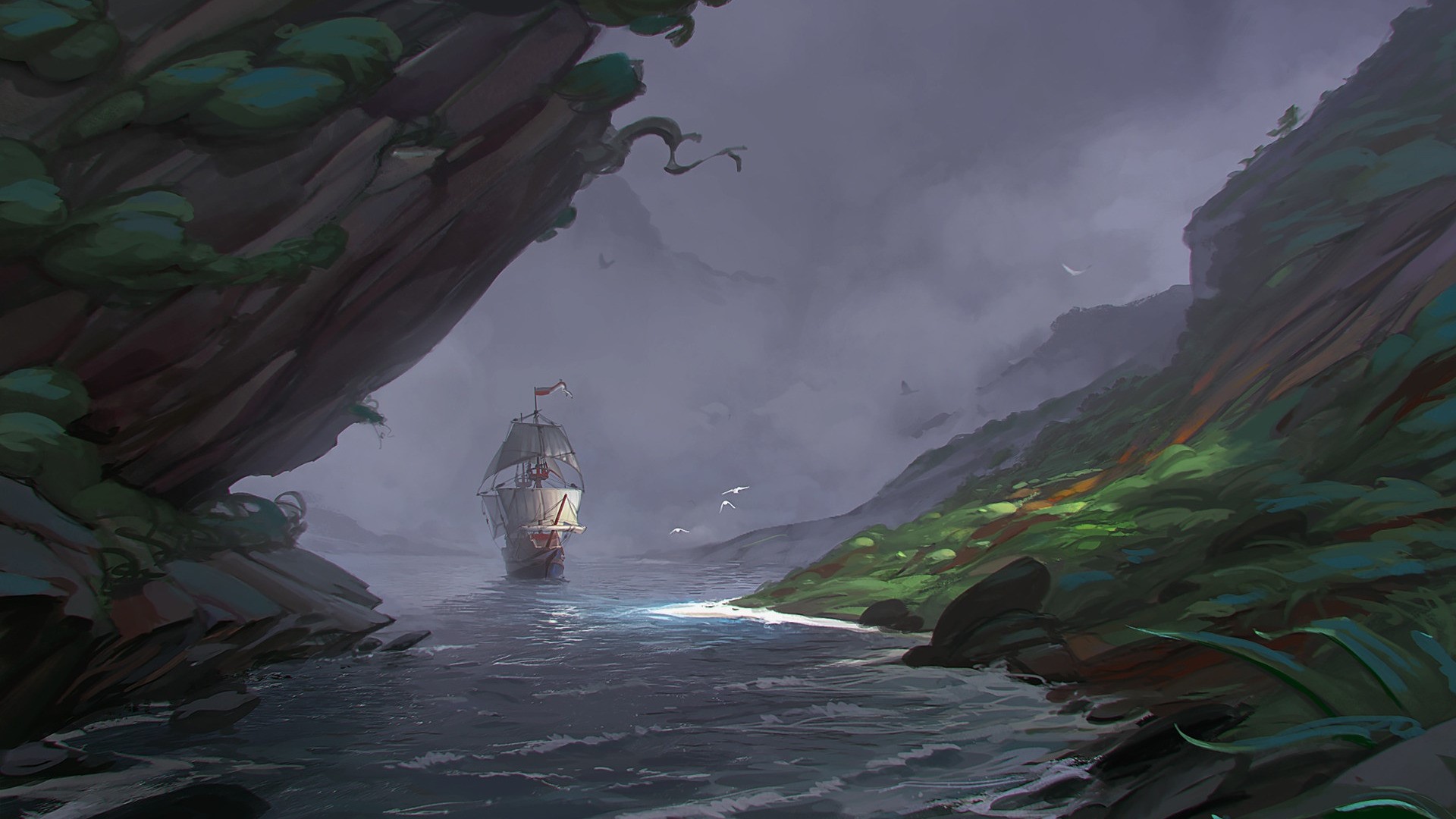 digital art, fantasy art, sailing ship, river, nature, rock, water, Sergey Katsukov, HD Wallpaper