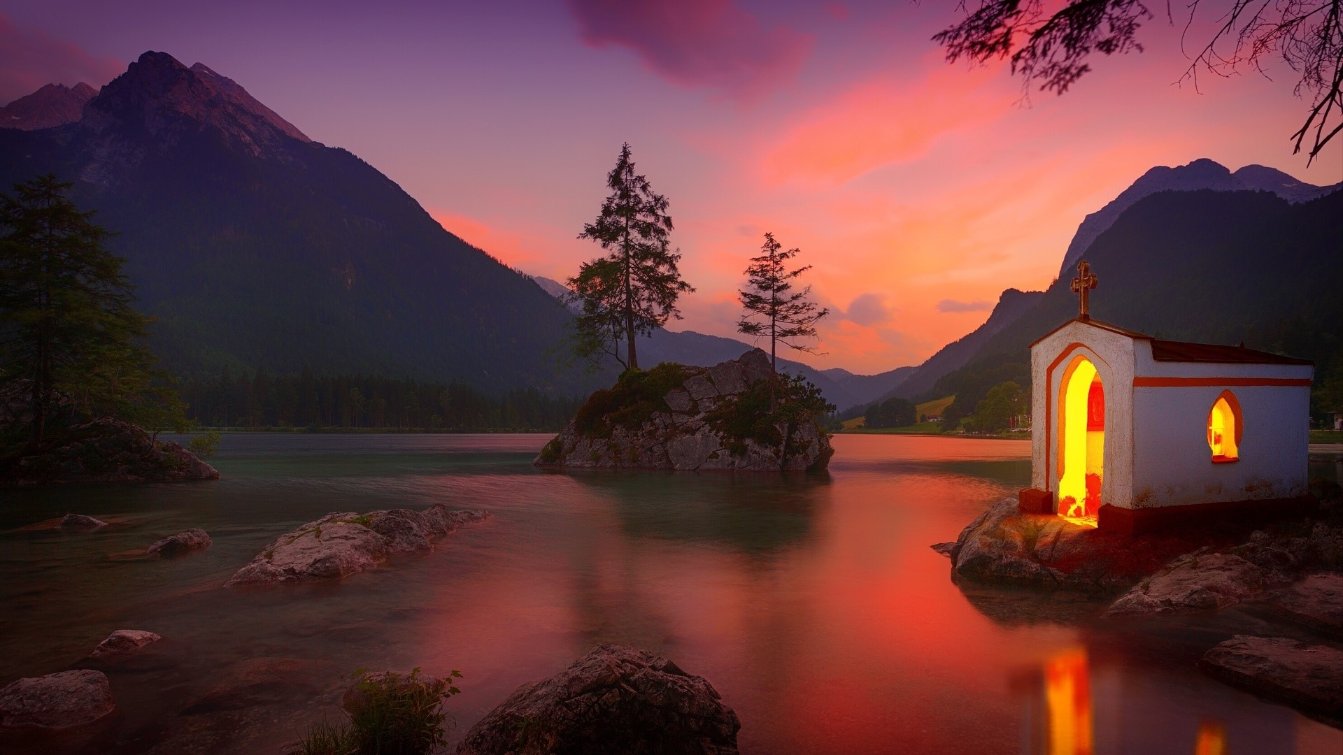 nature, landscape, sunset, water, trees, dusk, island, chapel, lights, mountains, reflection, lake, HD Wallpaper