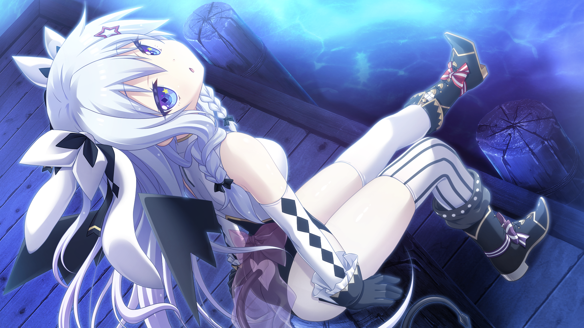 anime girls, white hair, long hair, hair ornament, blue eyes, thigh-highs, HD Wallpaper