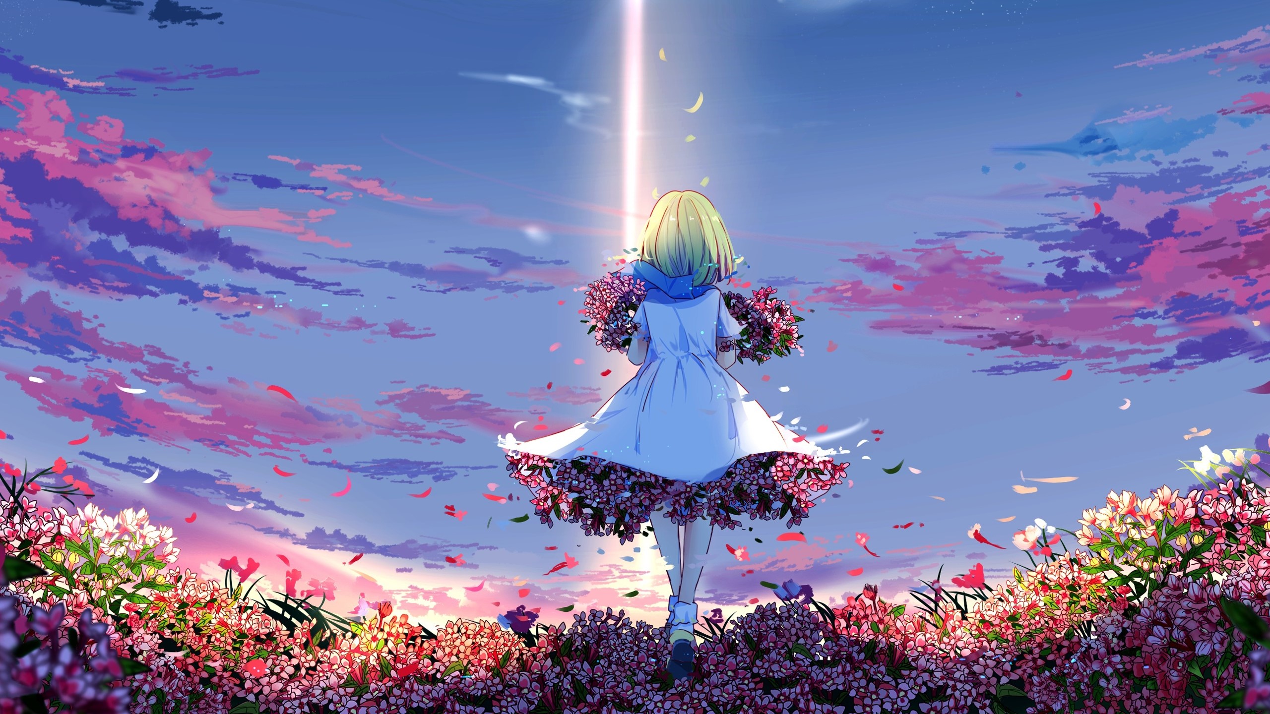 anime girls, blonde, flowers, HD Wallpaper
