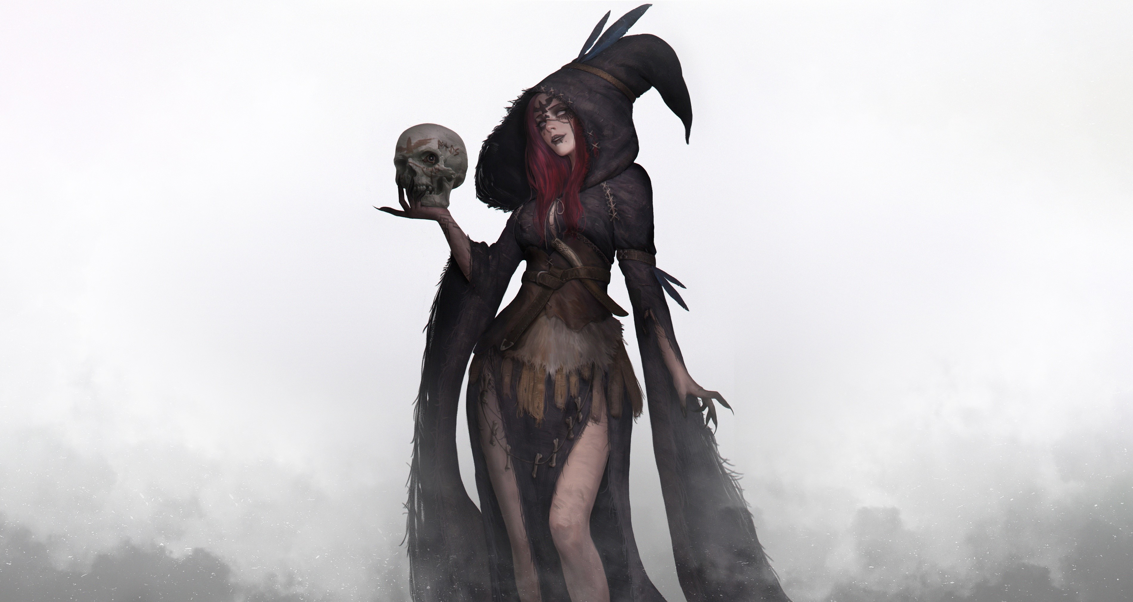 fantasy art, fantasy girl, skull, witch, HD Wallpaper