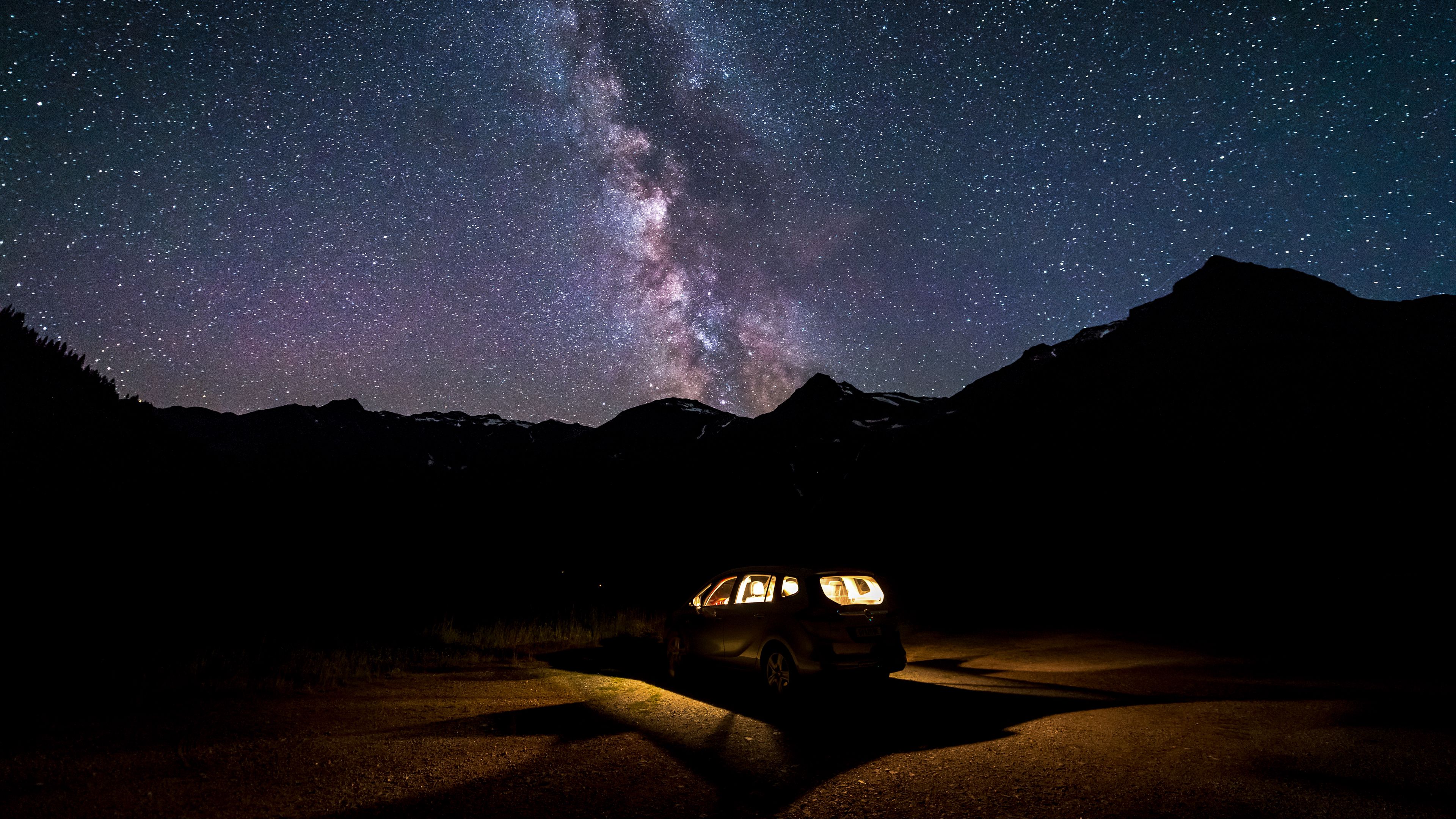 car, night, starry sky, 4k, HD Wallpaper