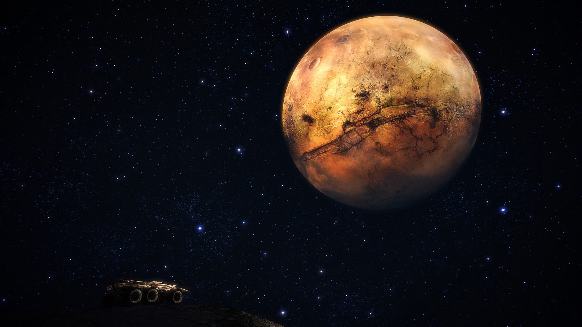 Moon, space, stars, 3D, digital art, Mass Effect, HD Wallpaper
