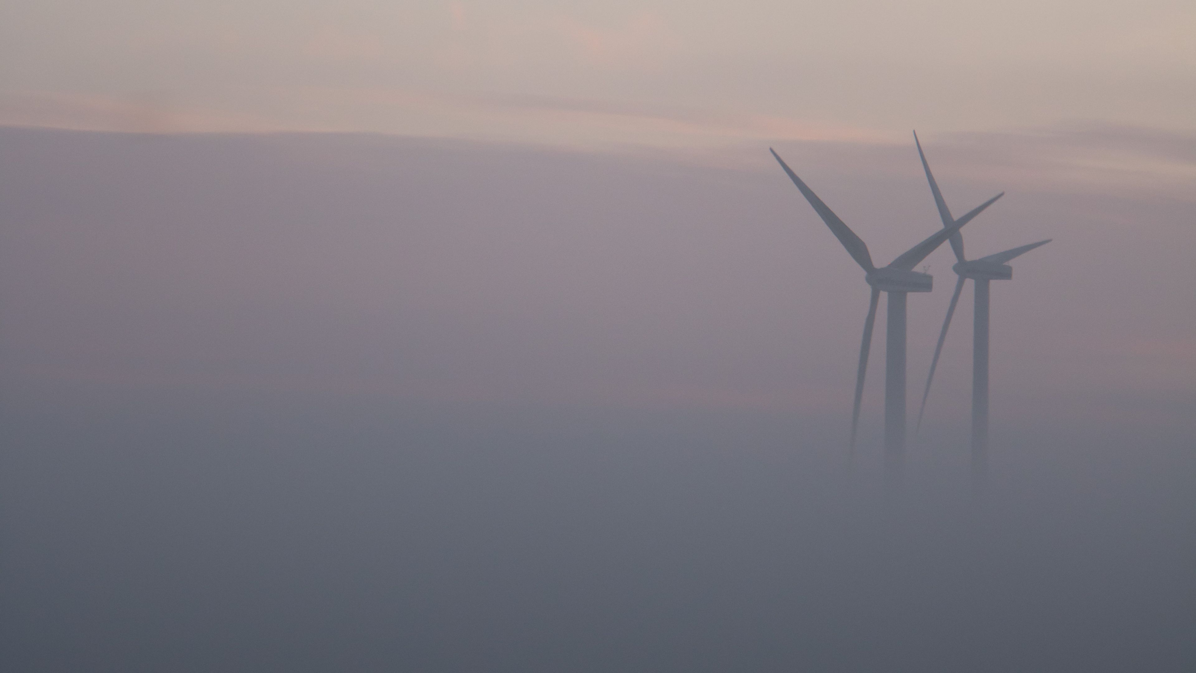 windmills, fog, field, minimalism, 4k, HD Wallpaper
