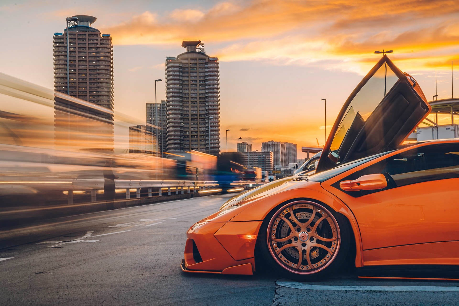 Lamborghini, cityscape, car, vehicle, supercars, orange cars, long exposure, HD Wallpaper