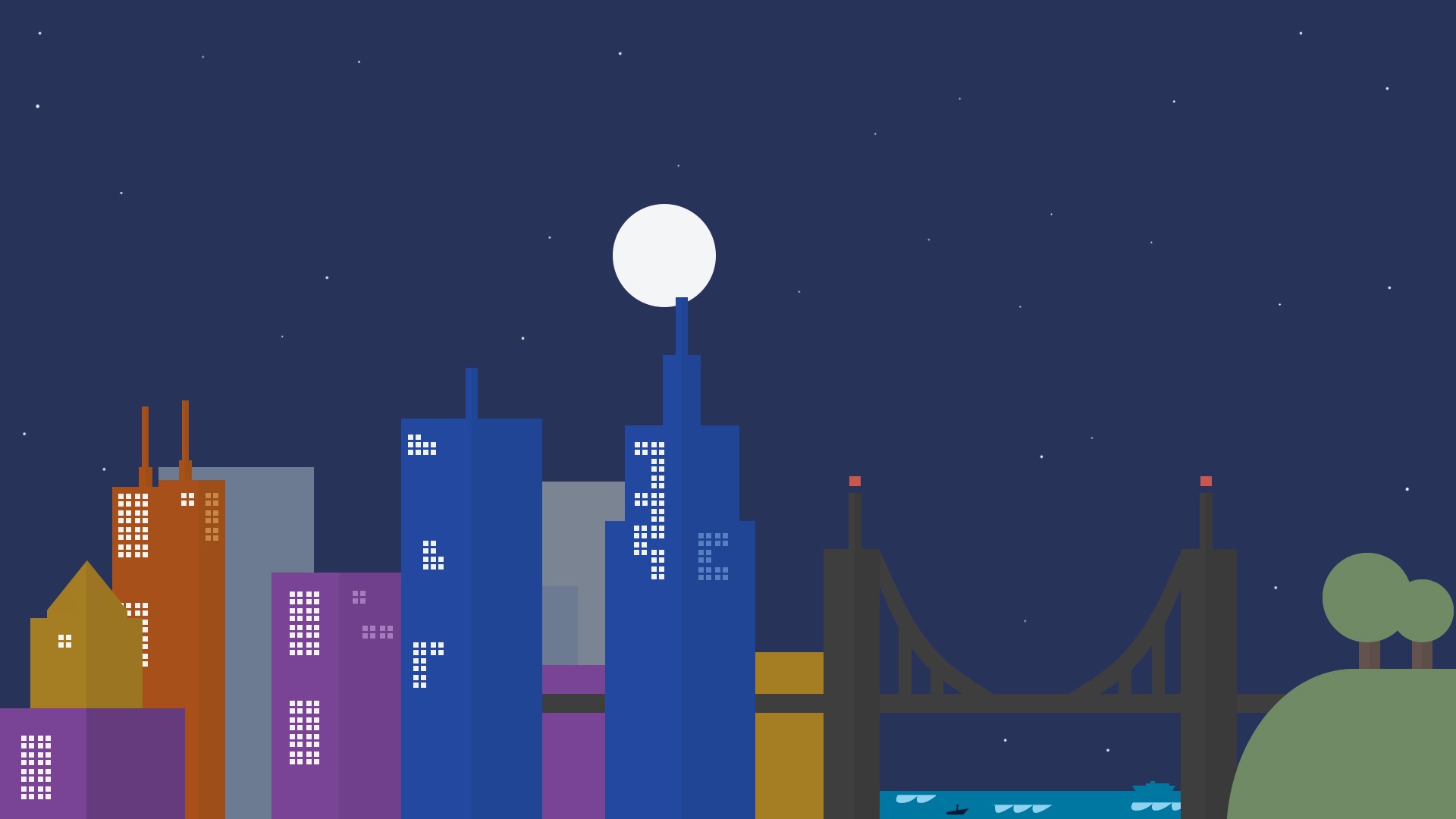 city, night, artwork, colorful, Moon, cityscape, HD Wallpaper