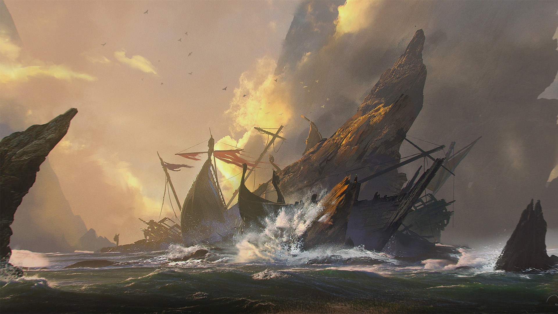 concept art, Nikola Sinitsa, mist, sailing ship, cliff, fantasy art, HD Wallpaper