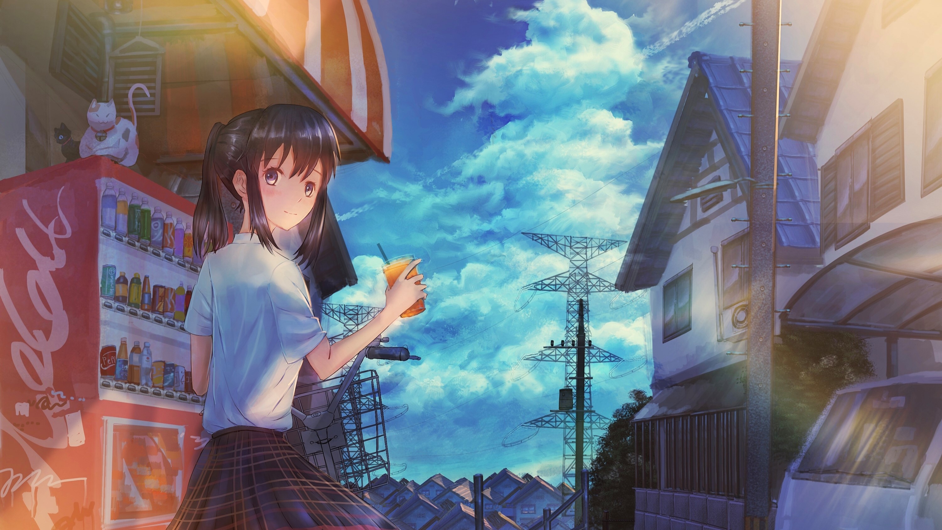 anime, original characters, anime girls, landscape, sky, school uniform, HD Wallpaper