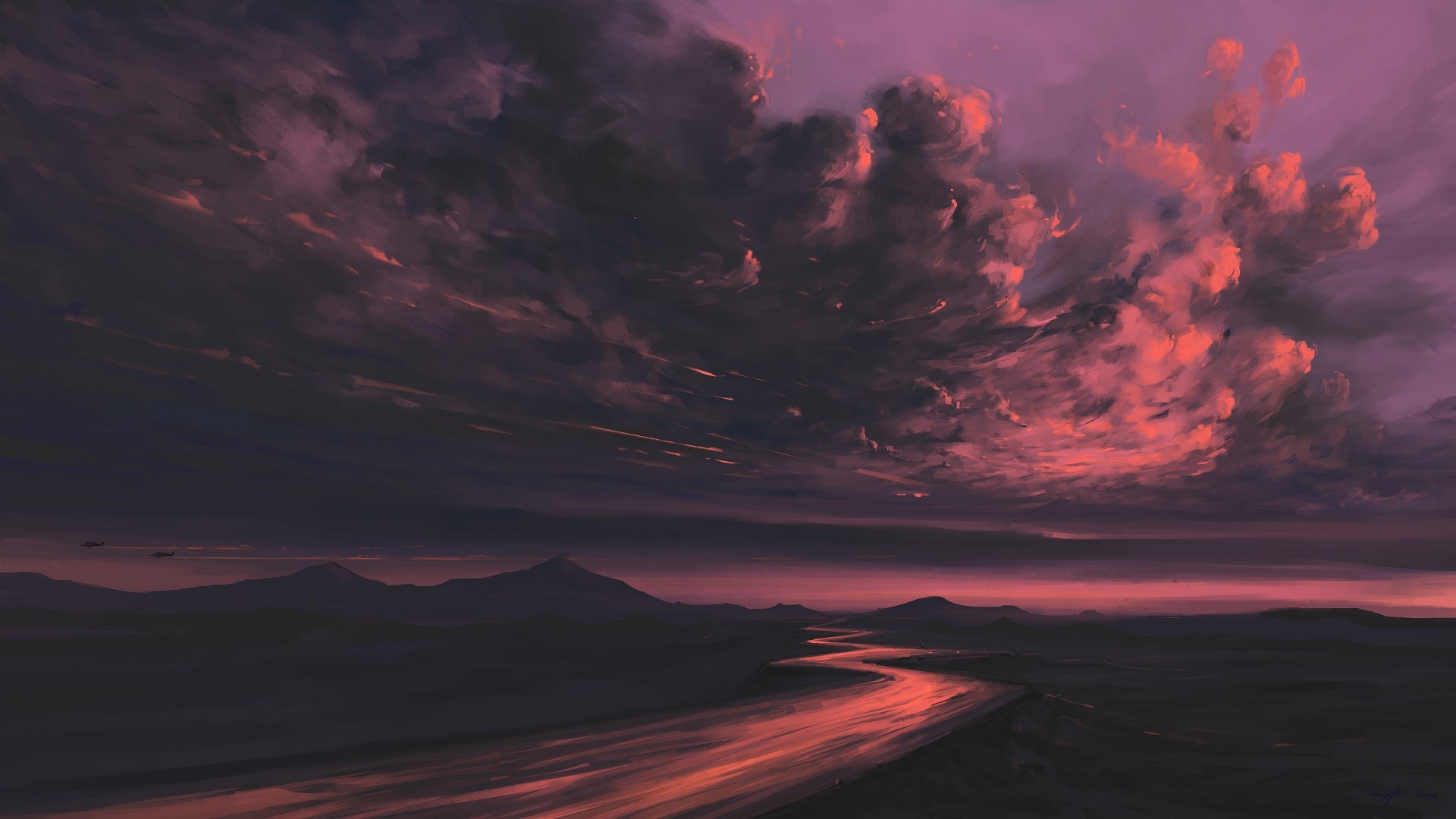 BisBiswas, sunset, mountains, clouds, river, planes, artwork, HD Wallpaper