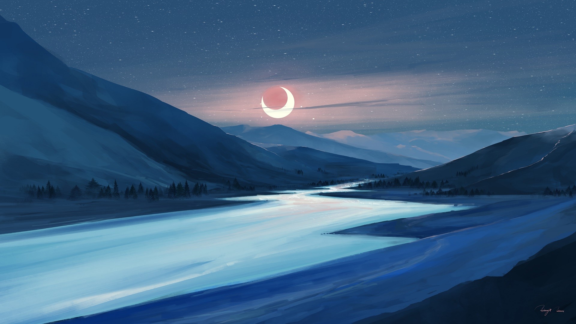 BisBiswas, artwork, river, mountains, eclipse, HD Wallpaper