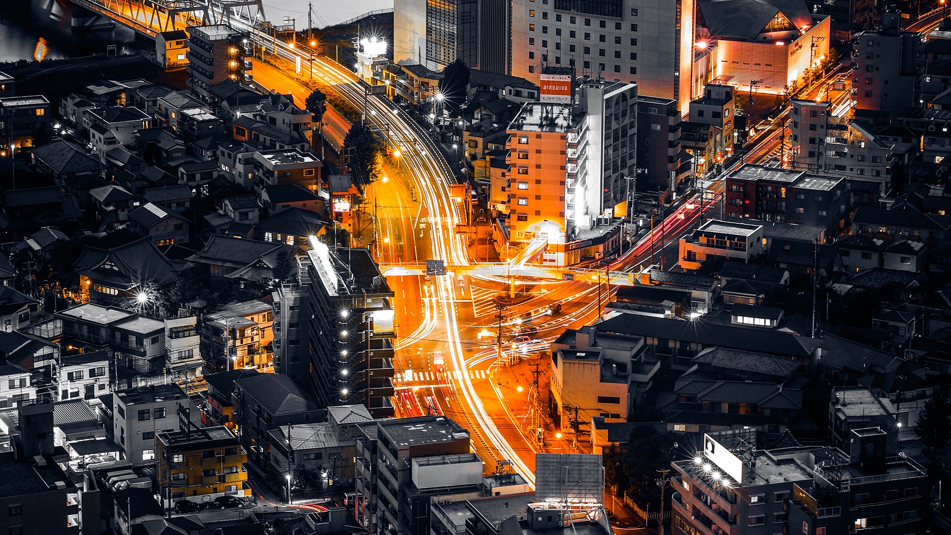 lights, building, night, Japan, selective coloring, HD Wallpaper