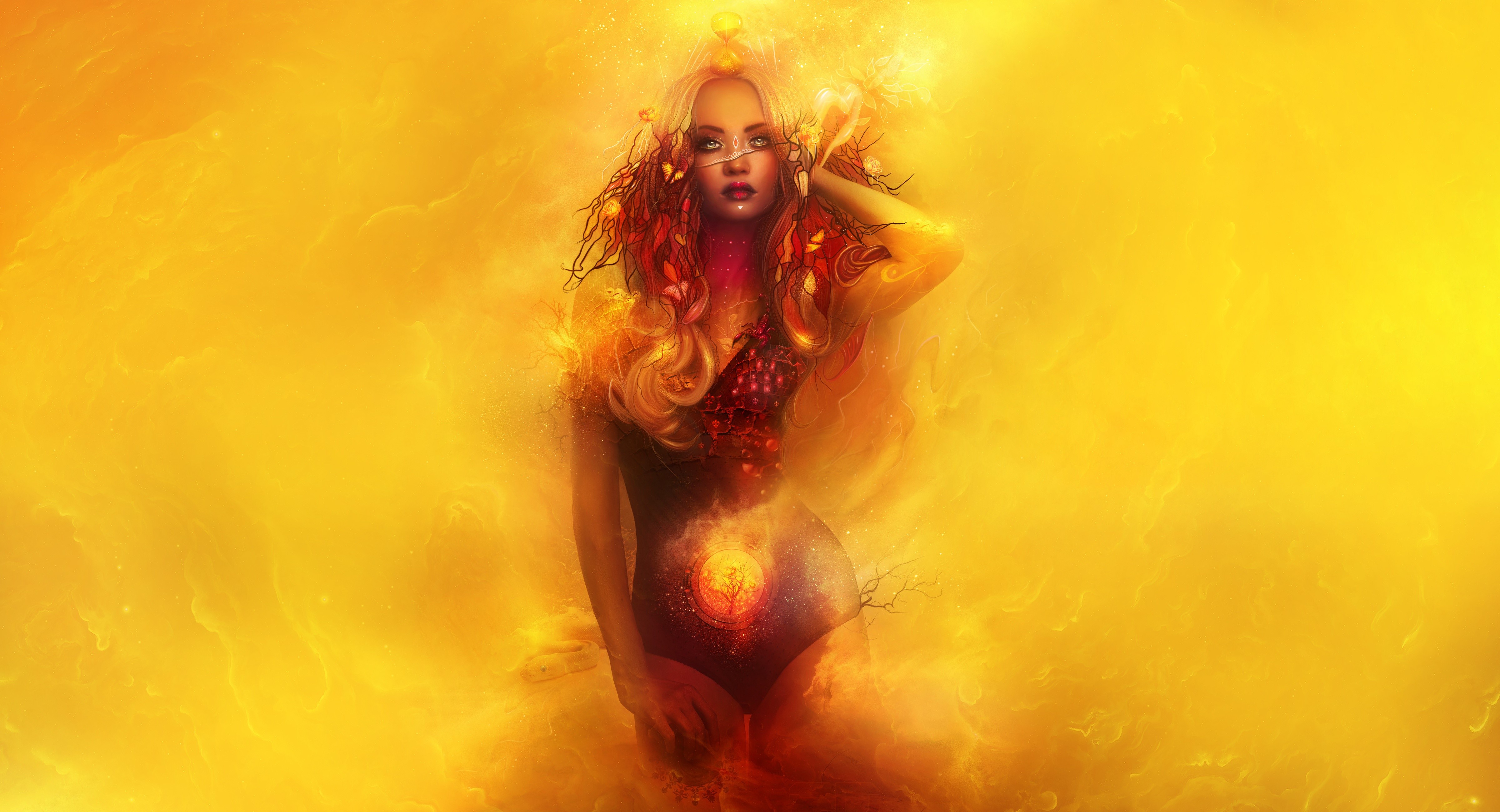 yellow background, artwork, fantasy girl, fantasy art, frontal view, HD Wallpaper
