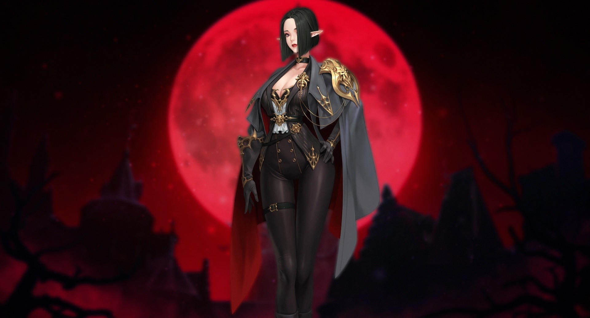 anime girls, fantasy art, fantasy girl, pointy ears, dark hair, red, HD Wallpaper