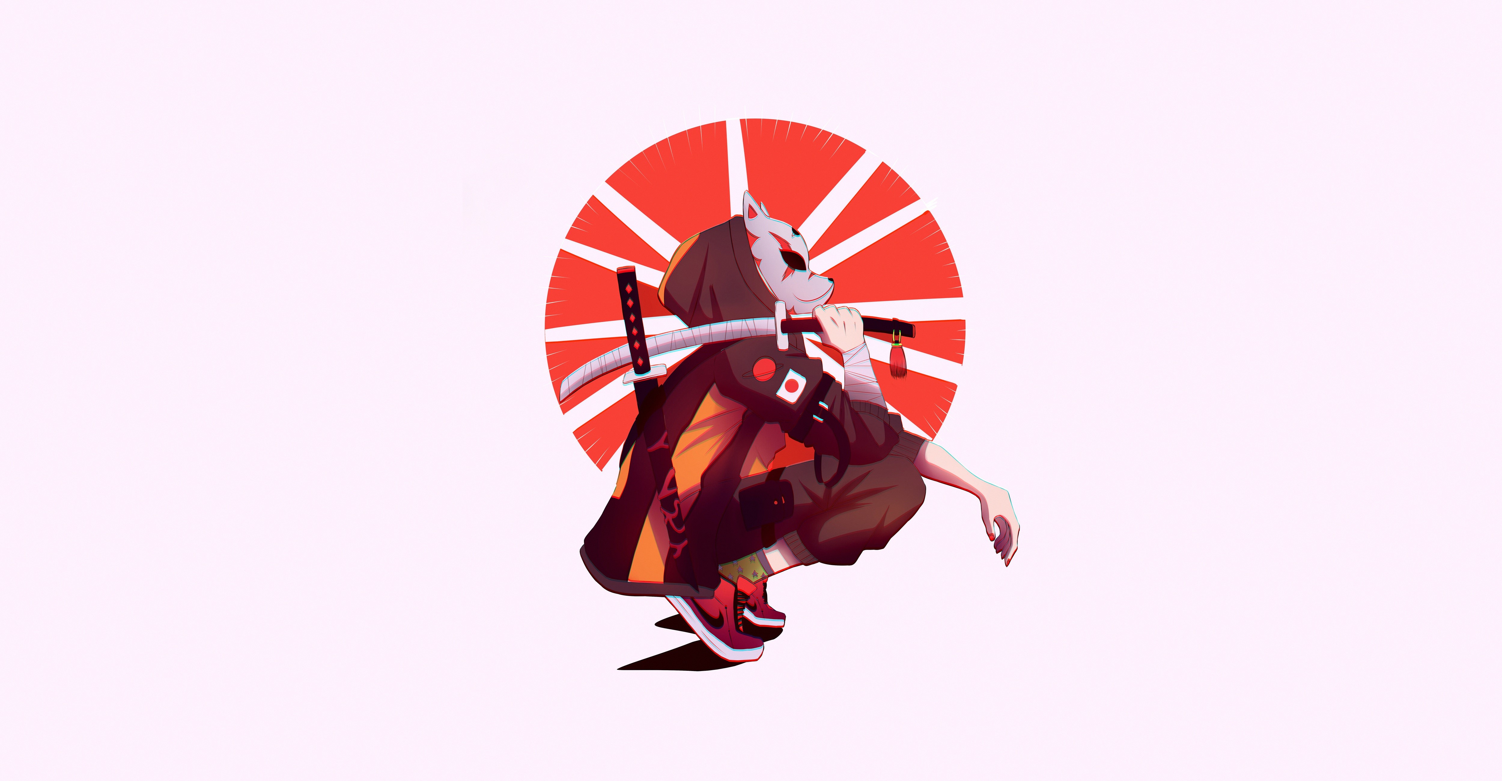 simple background, artwork, sword, weapon, Asia, mask, HD Wallpaper