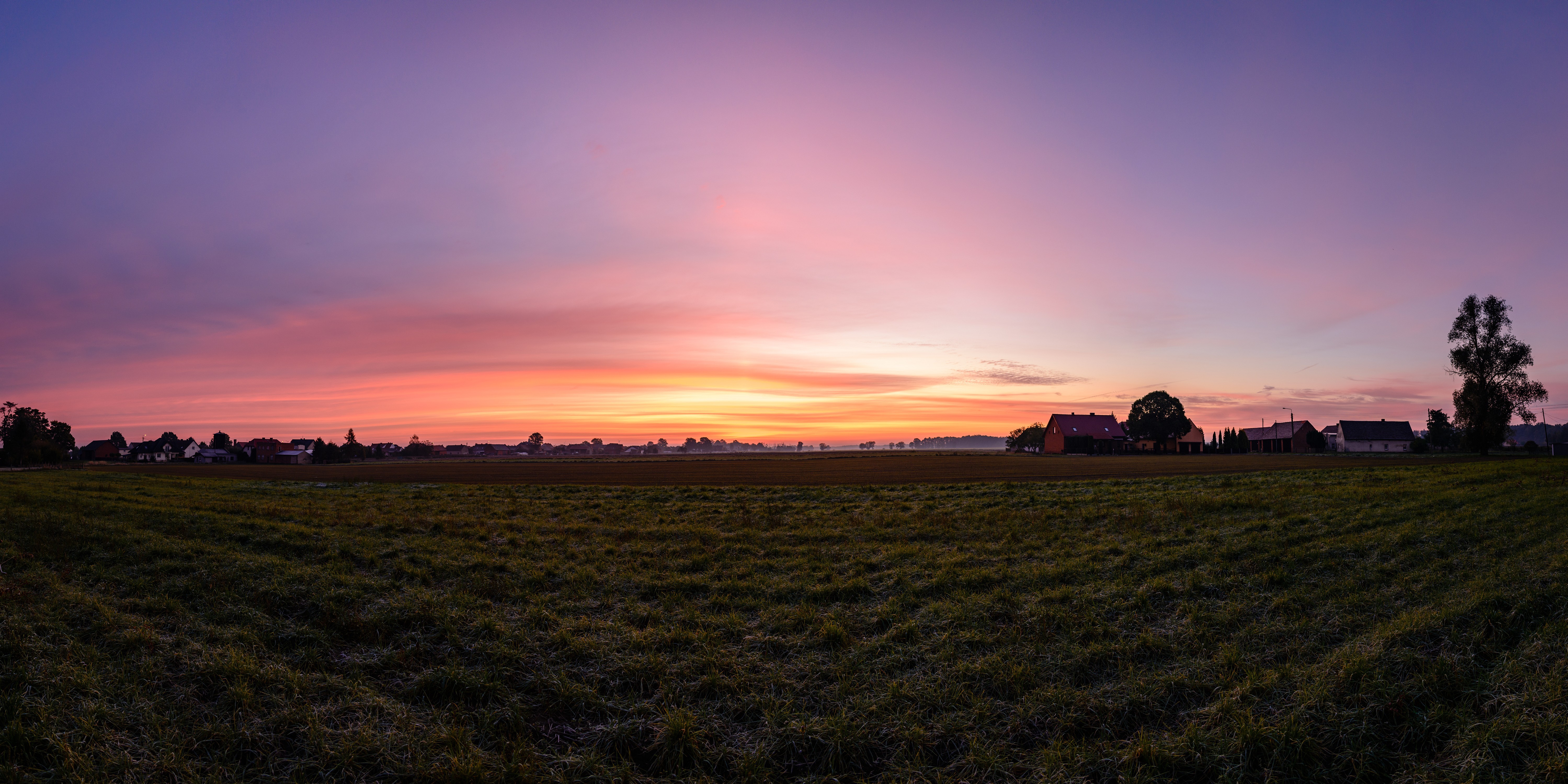 Poland, village, sunrise, orange sky, panorama, fall, HD Wallpaper