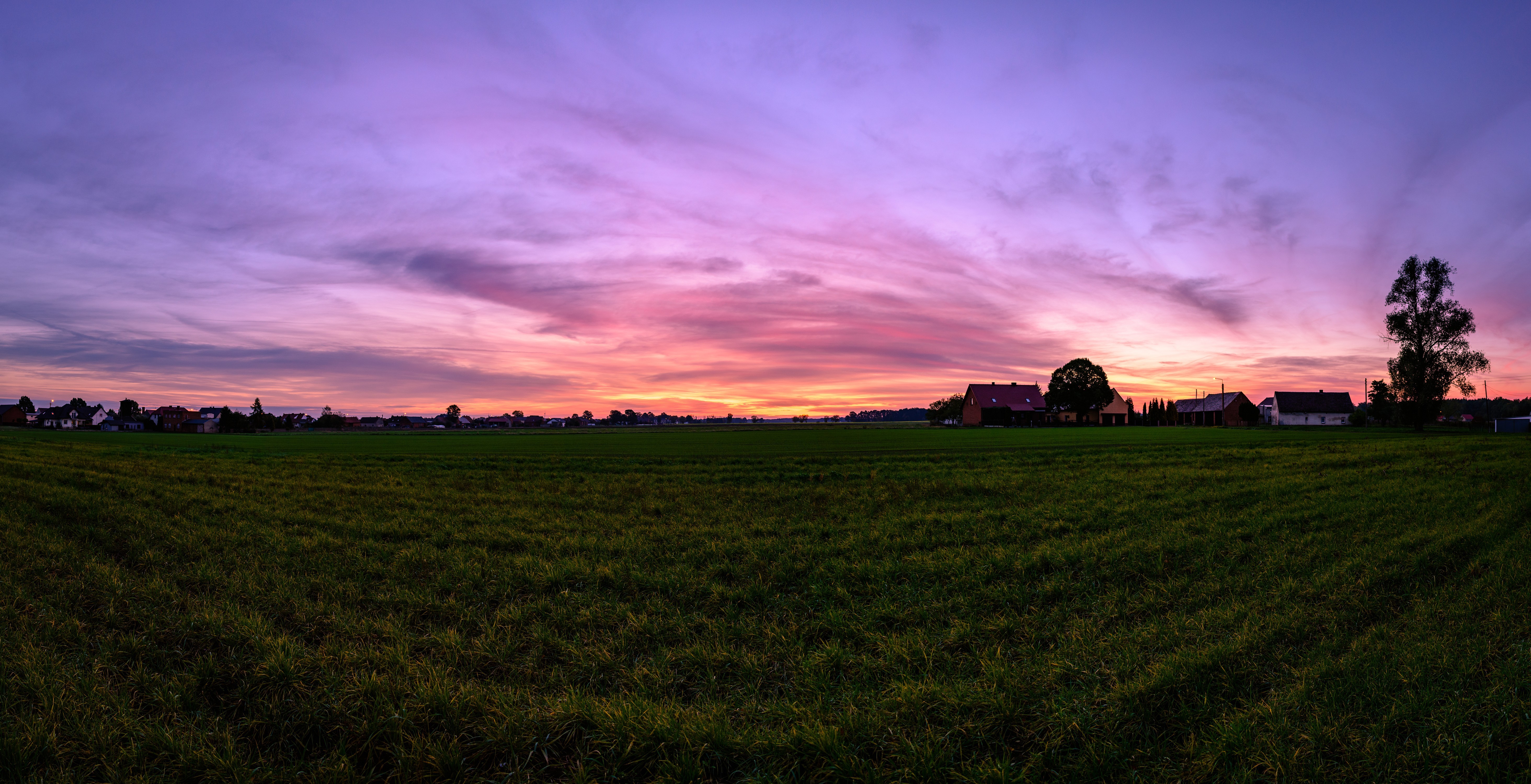 Poland, village, sunrise, orange sky, panorama, fall, HD Wallpaper