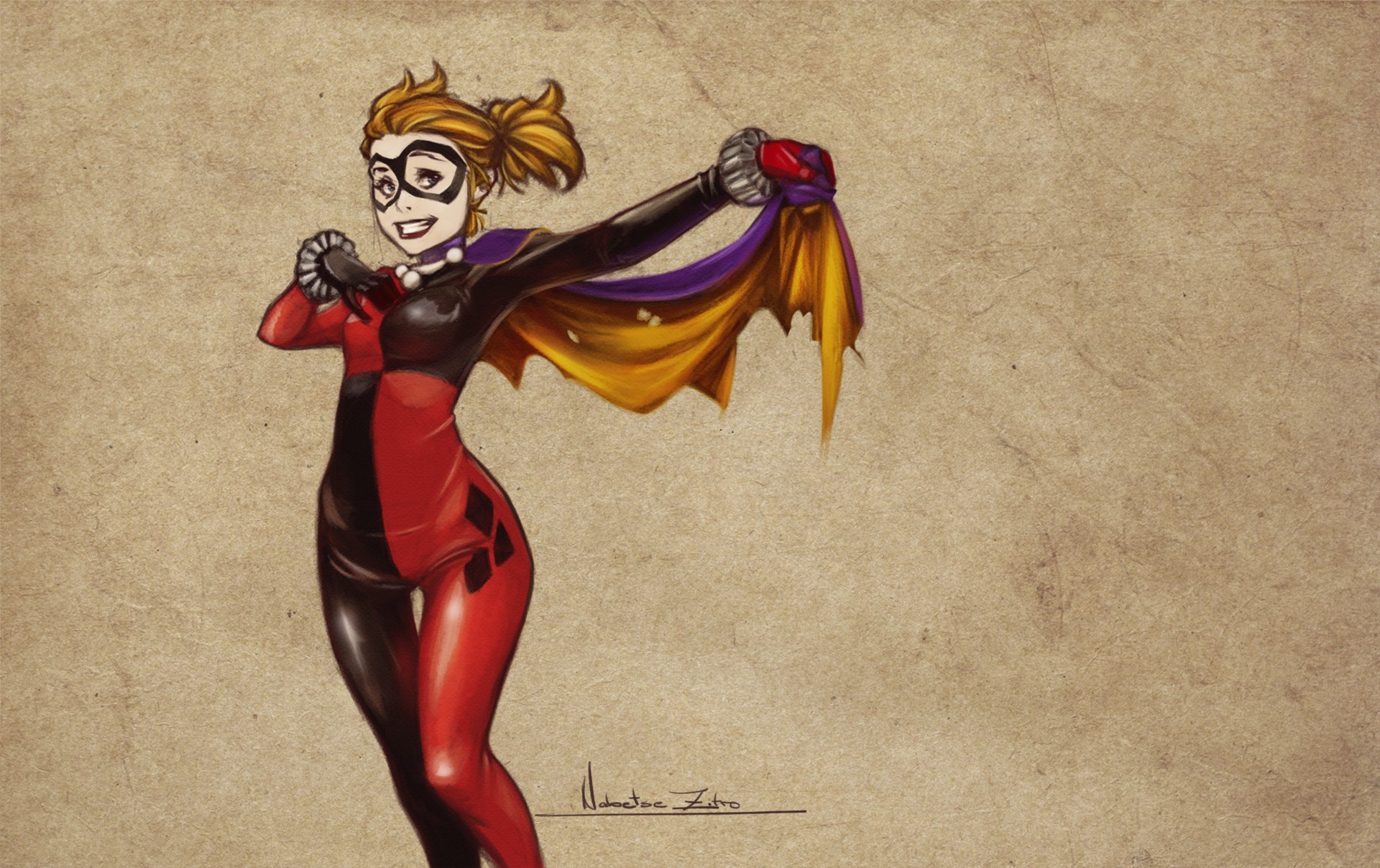 Nabetse Zitro, Harley Quinn, DC Comics, superheroines, mask, simple background, artwork, comics, comic art, HD Wallpaper