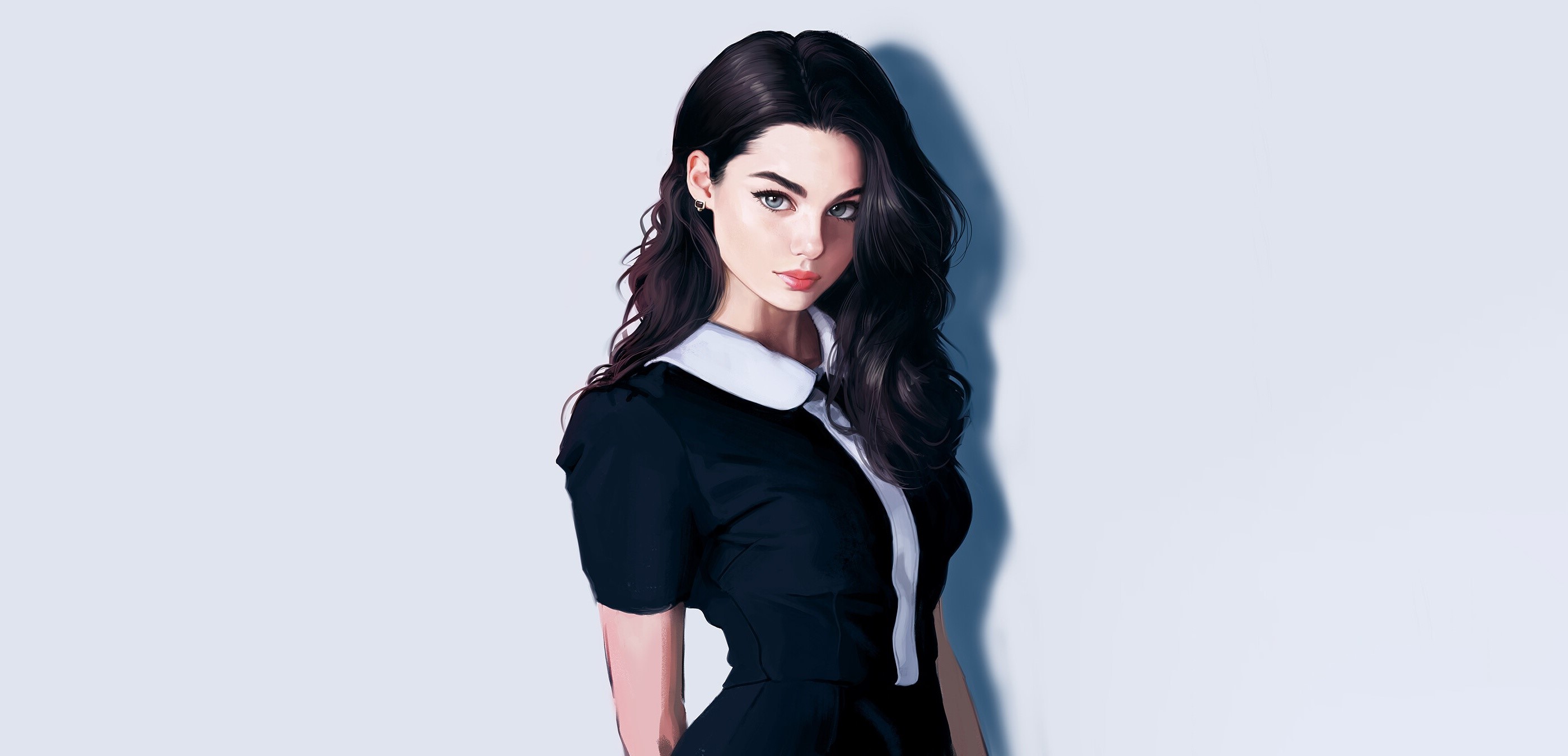 artwork, ArtStation, dark hair, white background, portrait, face, long hair, simple background, Bogdana Kadritskaya, people, HD Wallpaper