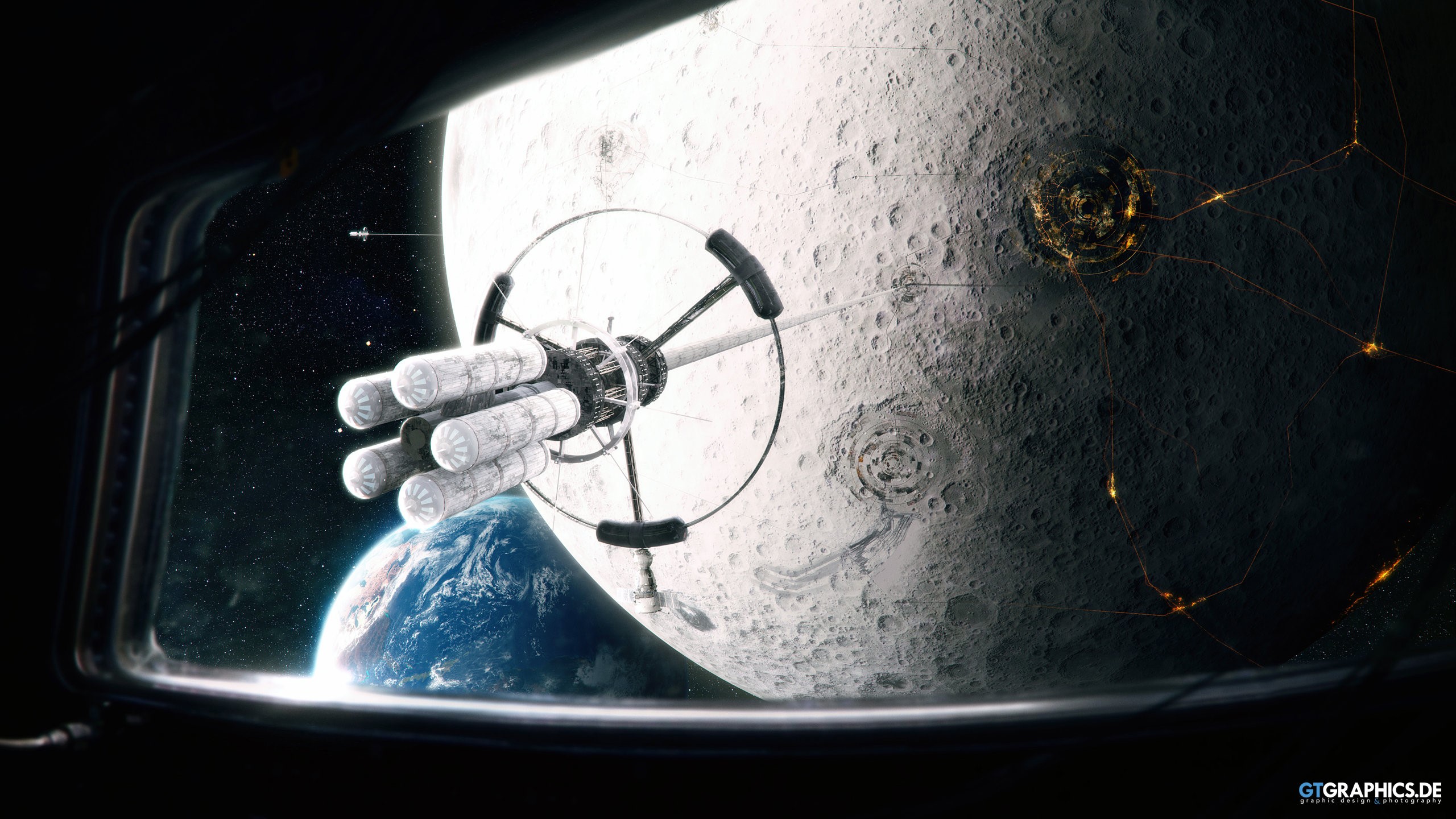 Taenaron, space, 3D, futuristic, Moon, HD Wallpaper