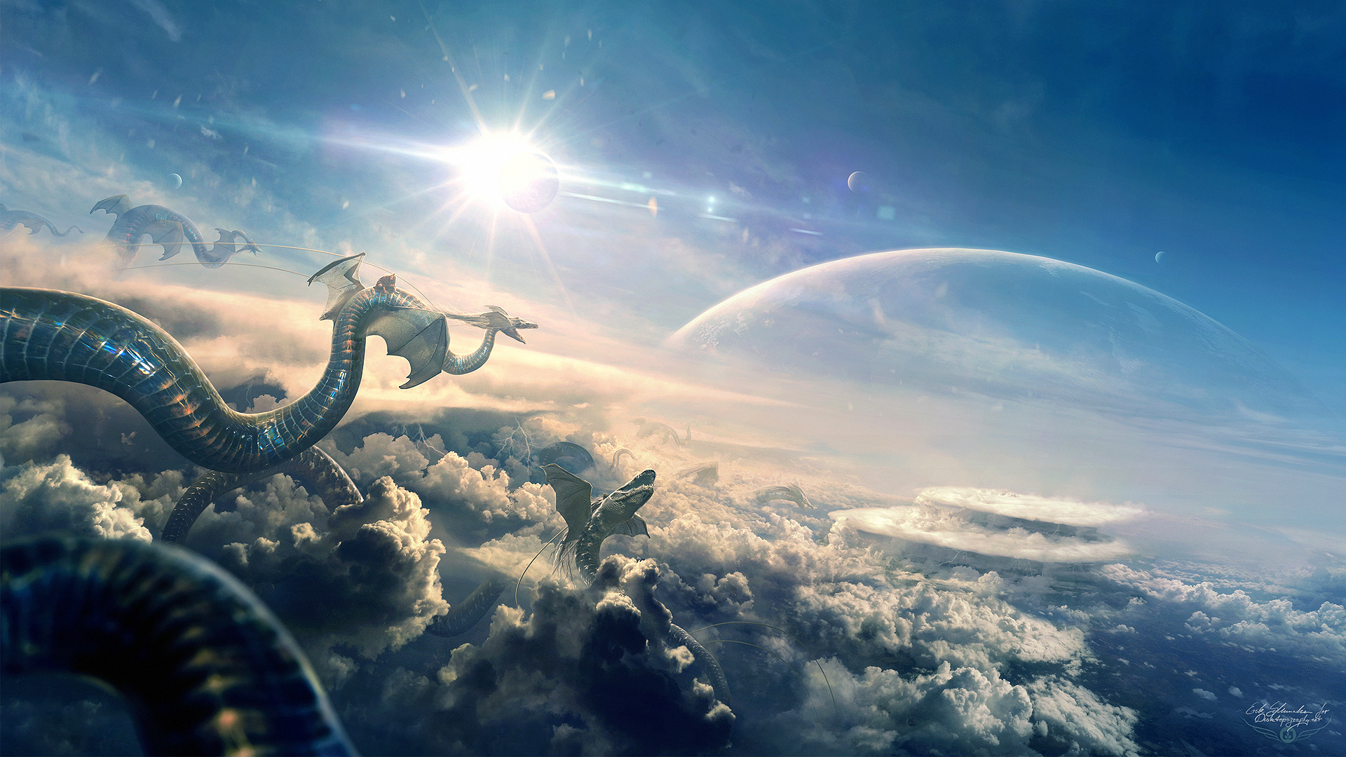 Erik Shoemaker, digital art, artwork, dragon, clouds, flying, planet, fantasy art, eclipse, HD Wallpaper