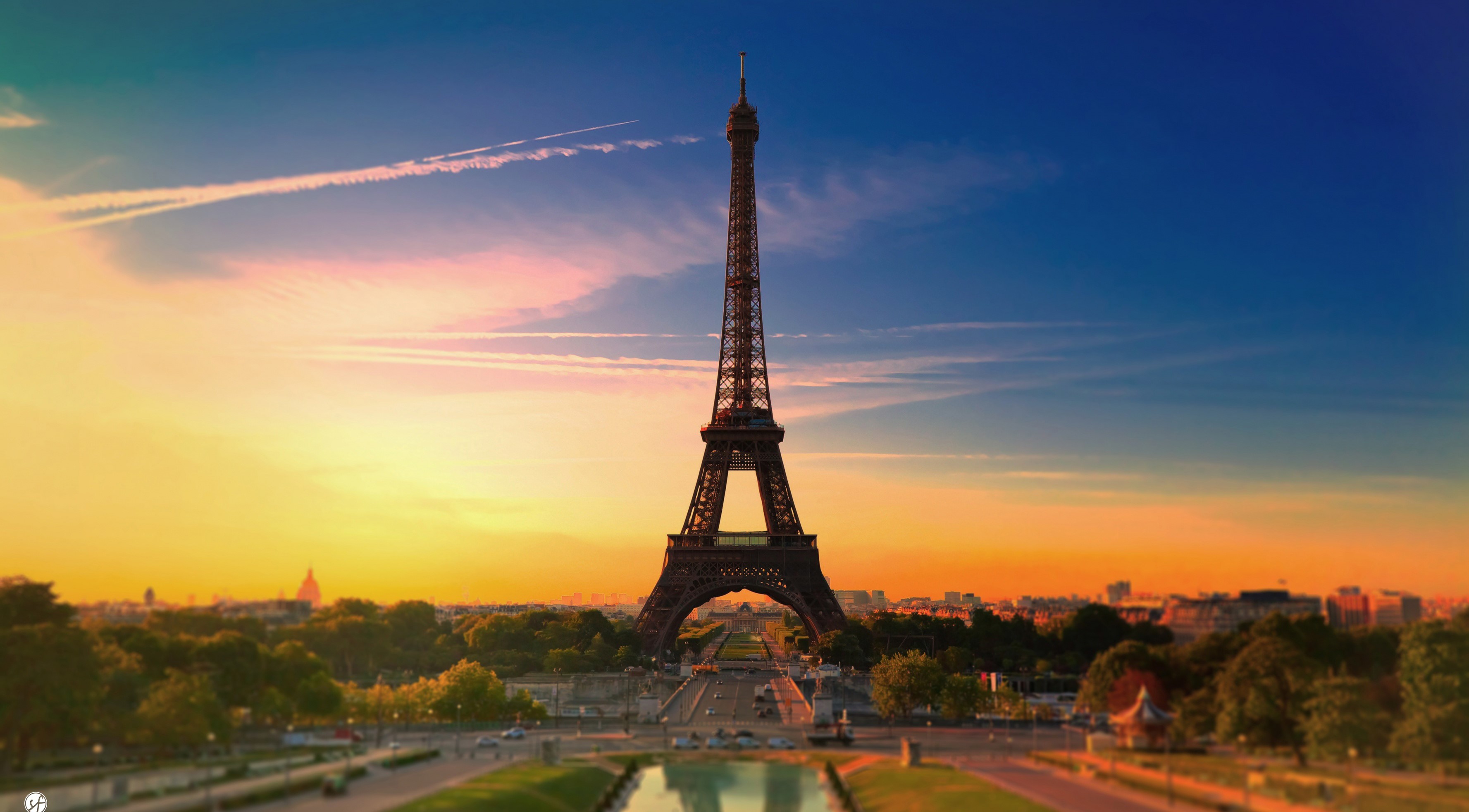 landscape, city, France, Paris, sunrise, sunset, orange sky, Eiffel Tower, cityscape, tilt shift, HD Wallpaper