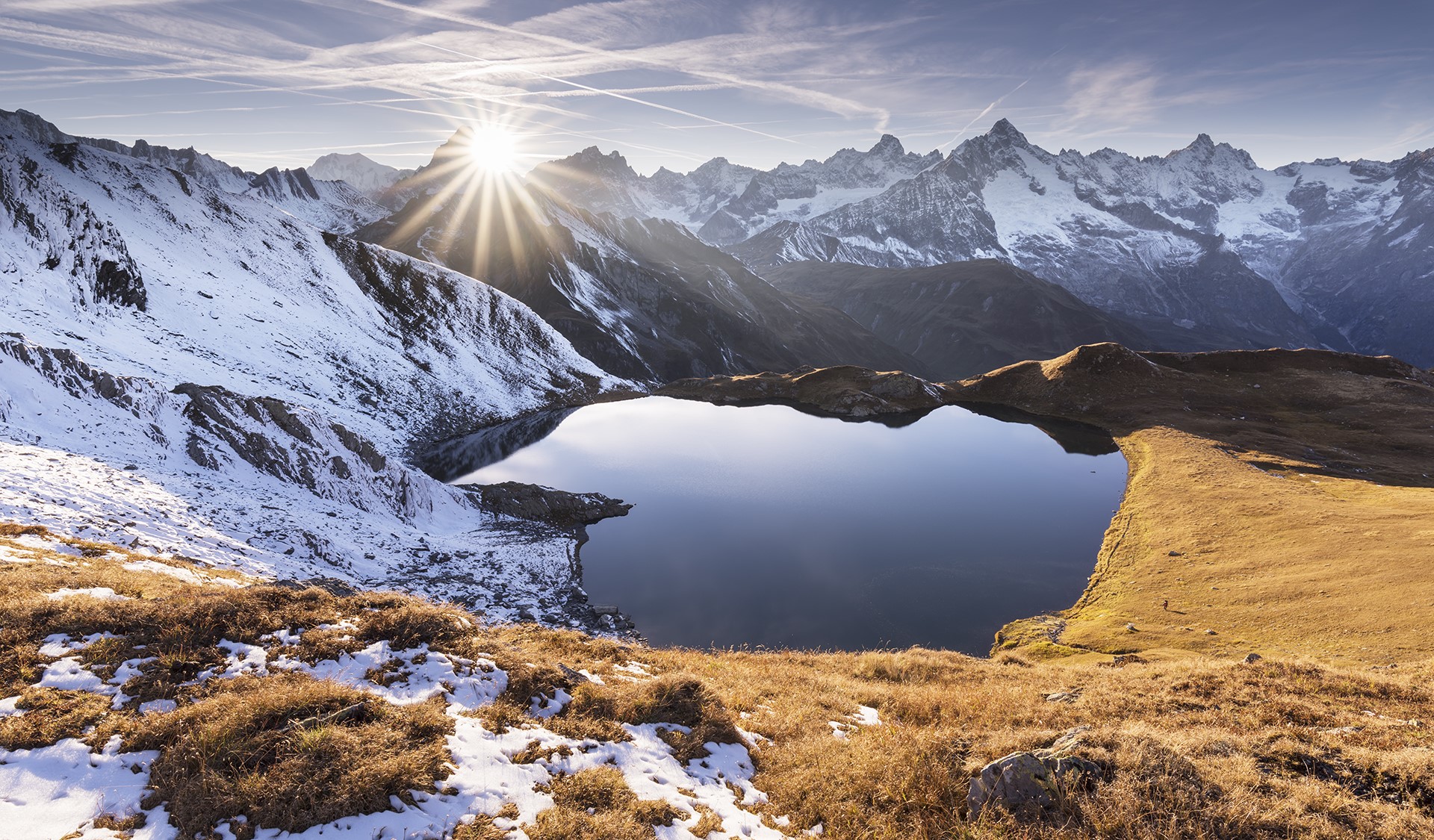 mountains, lake heart, lake, sunrise, snow, landscape, HD Wallpaper