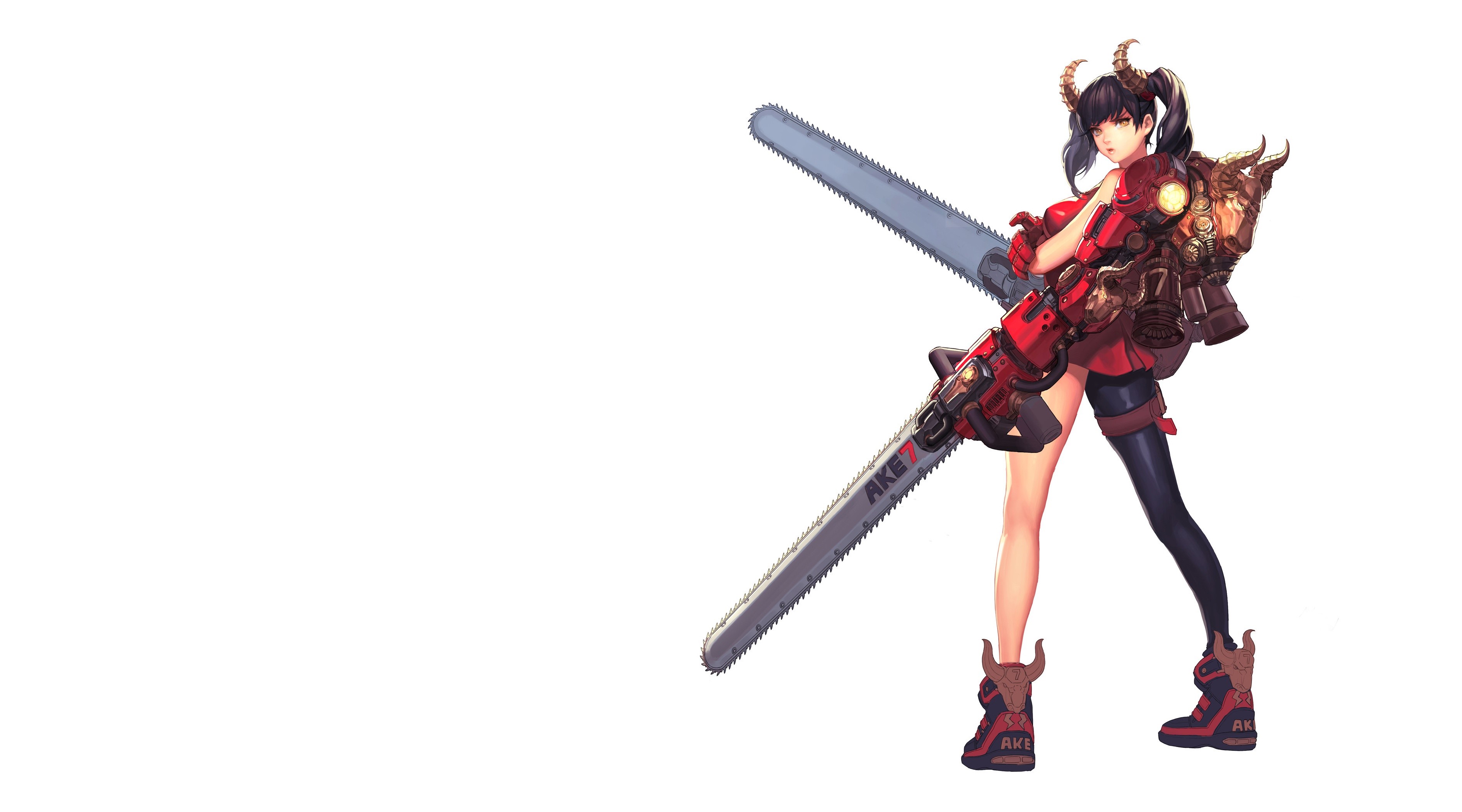 cyborg, chainsaws, anime girls, anime, horns, HD Wallpaper