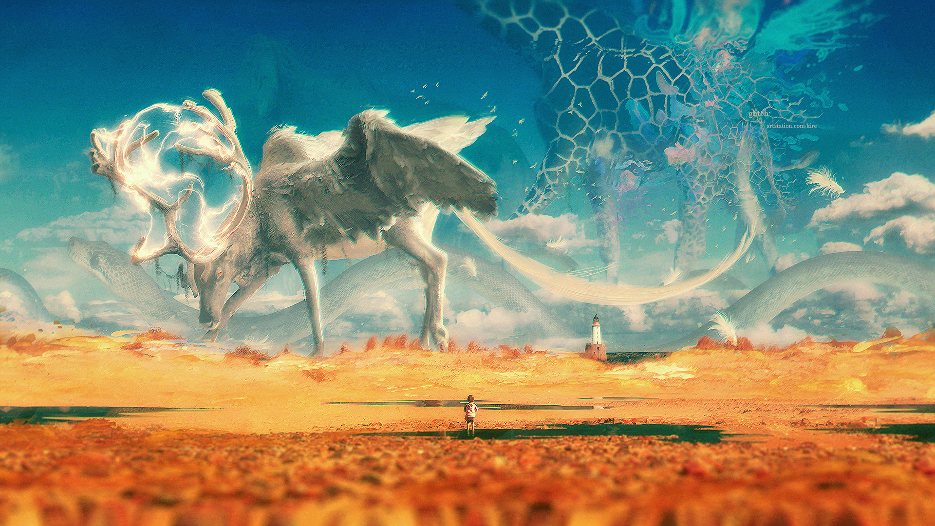Erik Shoemaker, digital art, artwork, deer, giant, giraffes, children, fantasy art, alone, creature, lightning, lighthouse, snake, desert, sea, landscape, HD Wallpaper