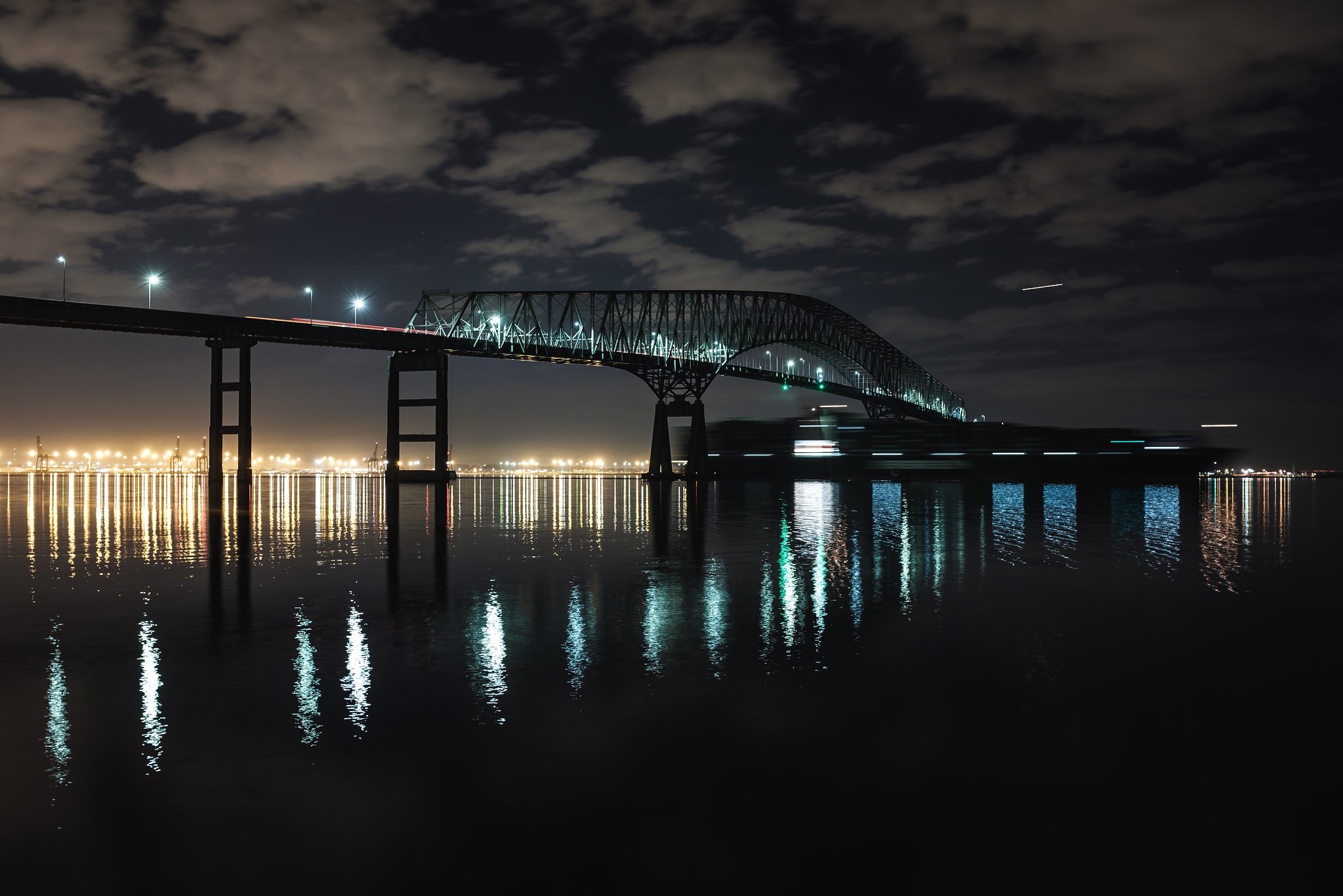outdoors, dark, construction, bridge, sky, city lights, HD Wallpaper