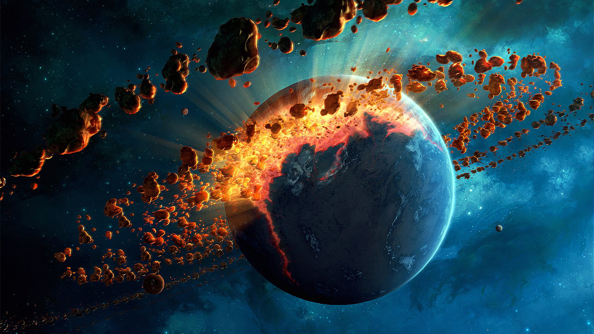 Erik Shoemaker, digital art, artwork, space art, planet, asteroids, stars, fire, destruction, Earth, HD Wallpaper